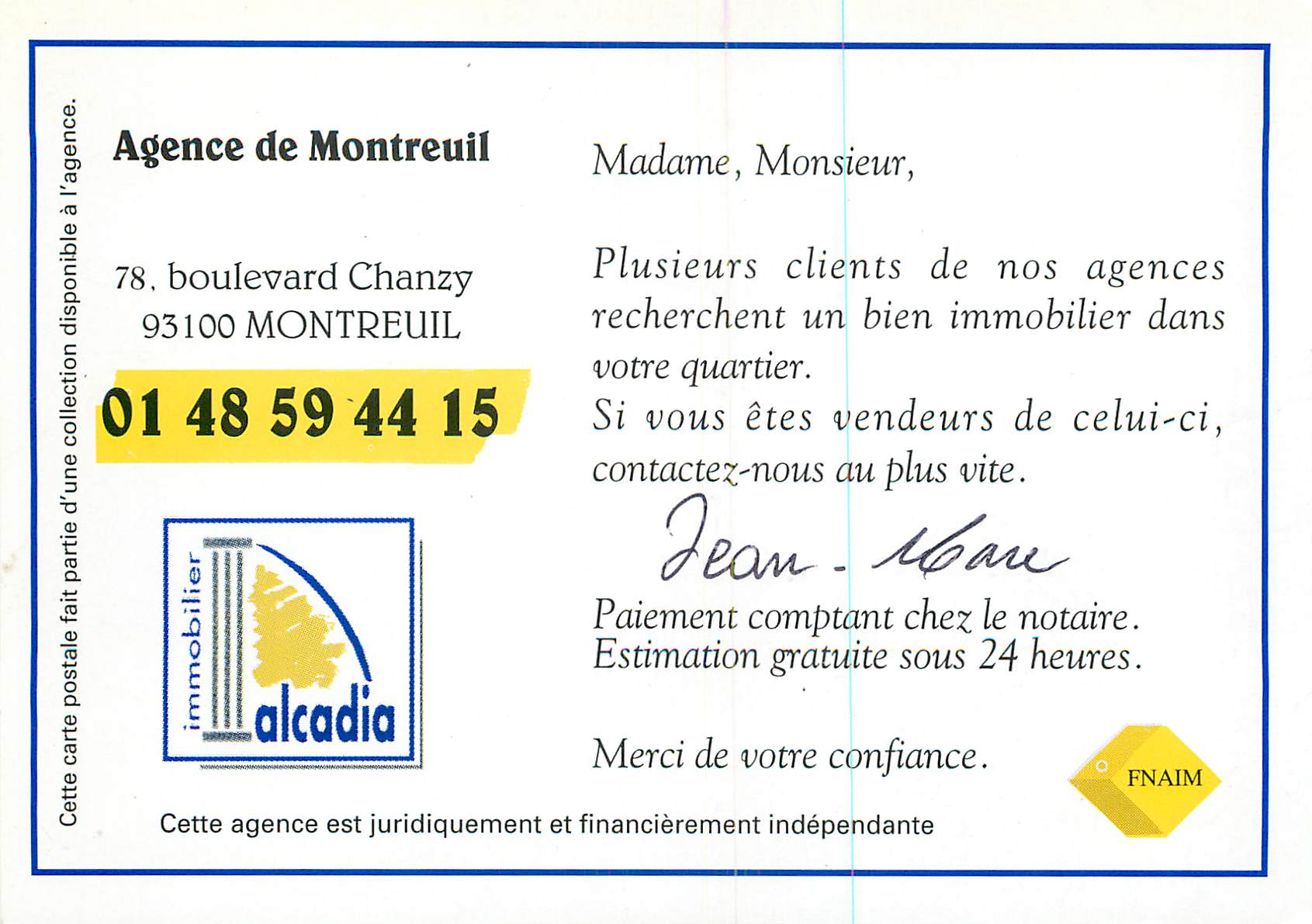 REPRO Montreuil sous bois Avenue Pasteur Boulevard Chanzy FNAIM — Rückseite