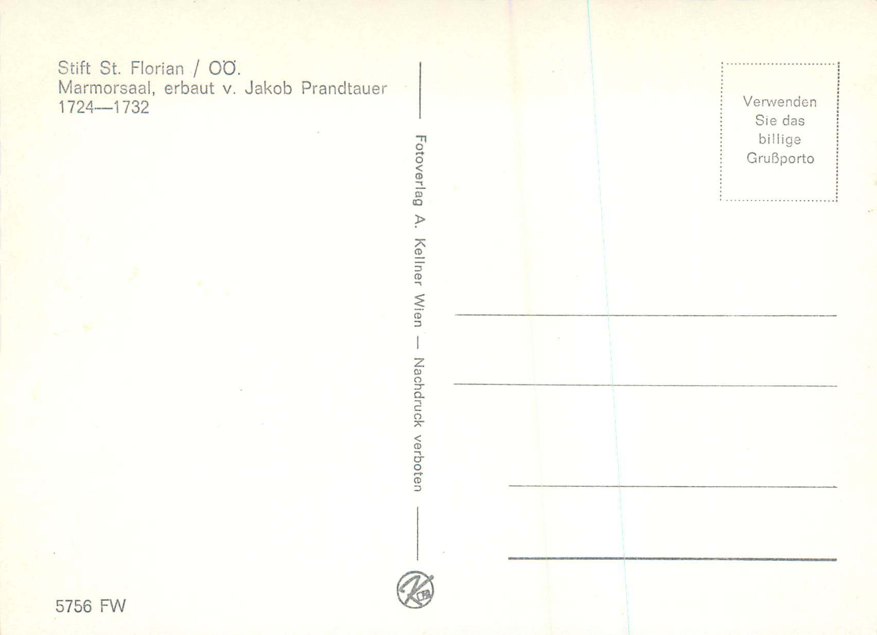 CPM Stift St Florian Marmorsaal erbaut v Jaob Prandtauer  — Back