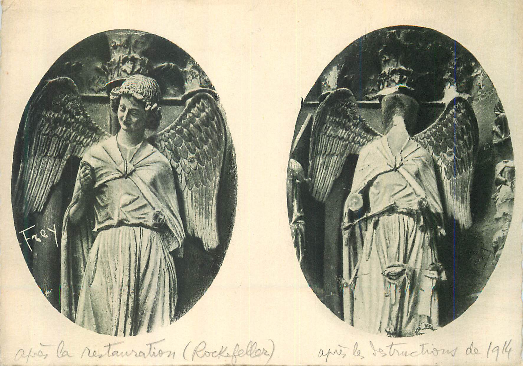 La Cathédrale de Reims — Les anges de la façade — avant et après les destructions de 1914 — Éditeur Jacques Freville, Reims