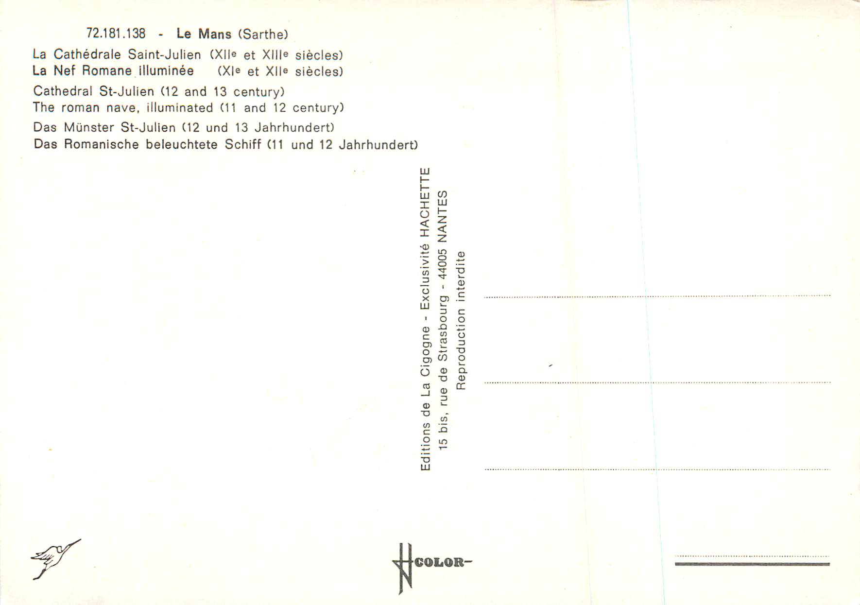 CPM Le Mans Sarthe La cathedrale Saint Julien La Nef Romane illuminee  — Rückseite