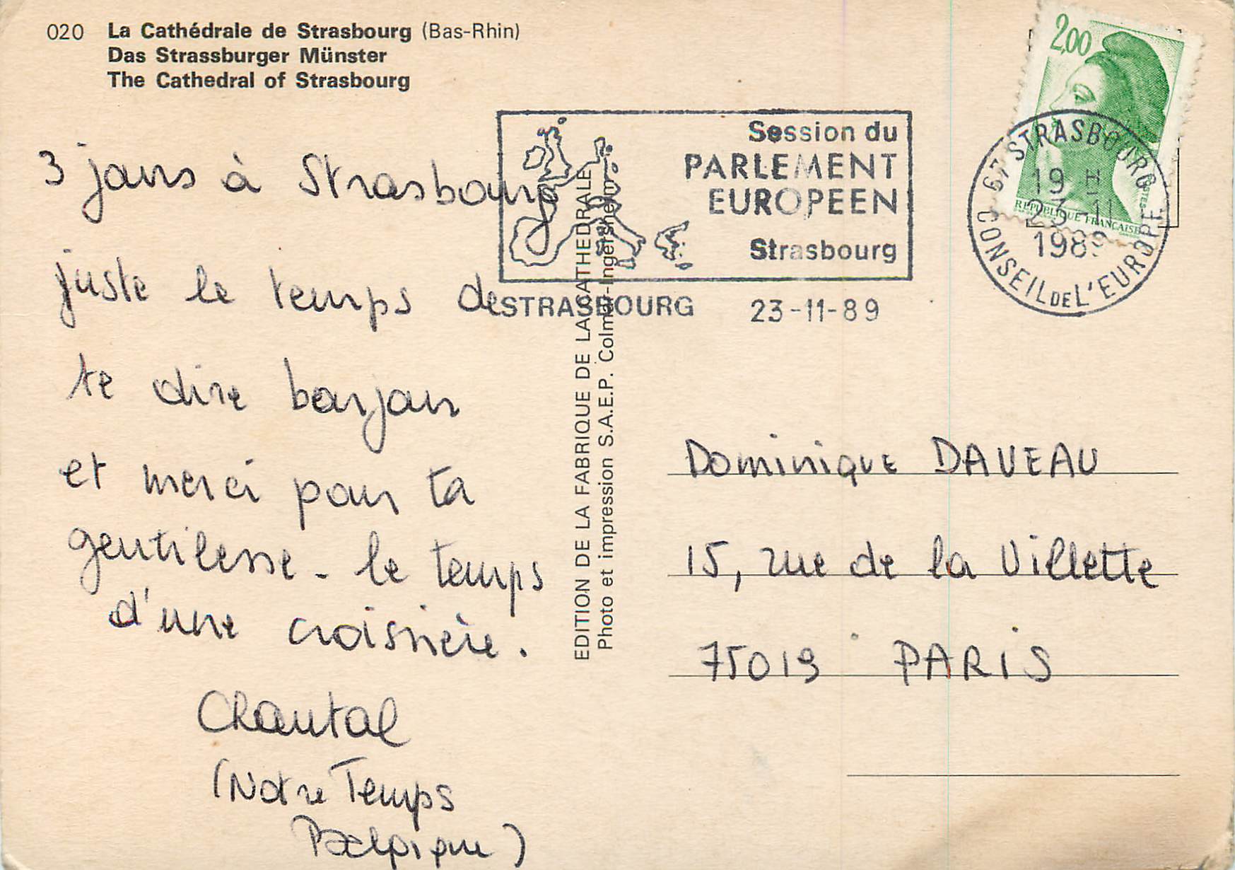 CPM La Cathedrale de Strasbourg Bas Rhin  — Rückseite