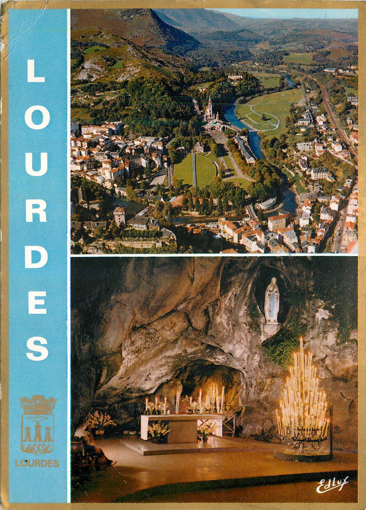 CPM Lourdes La basilique Le Chateau Fort Vue aerienne La Grotte Miraculeuse 