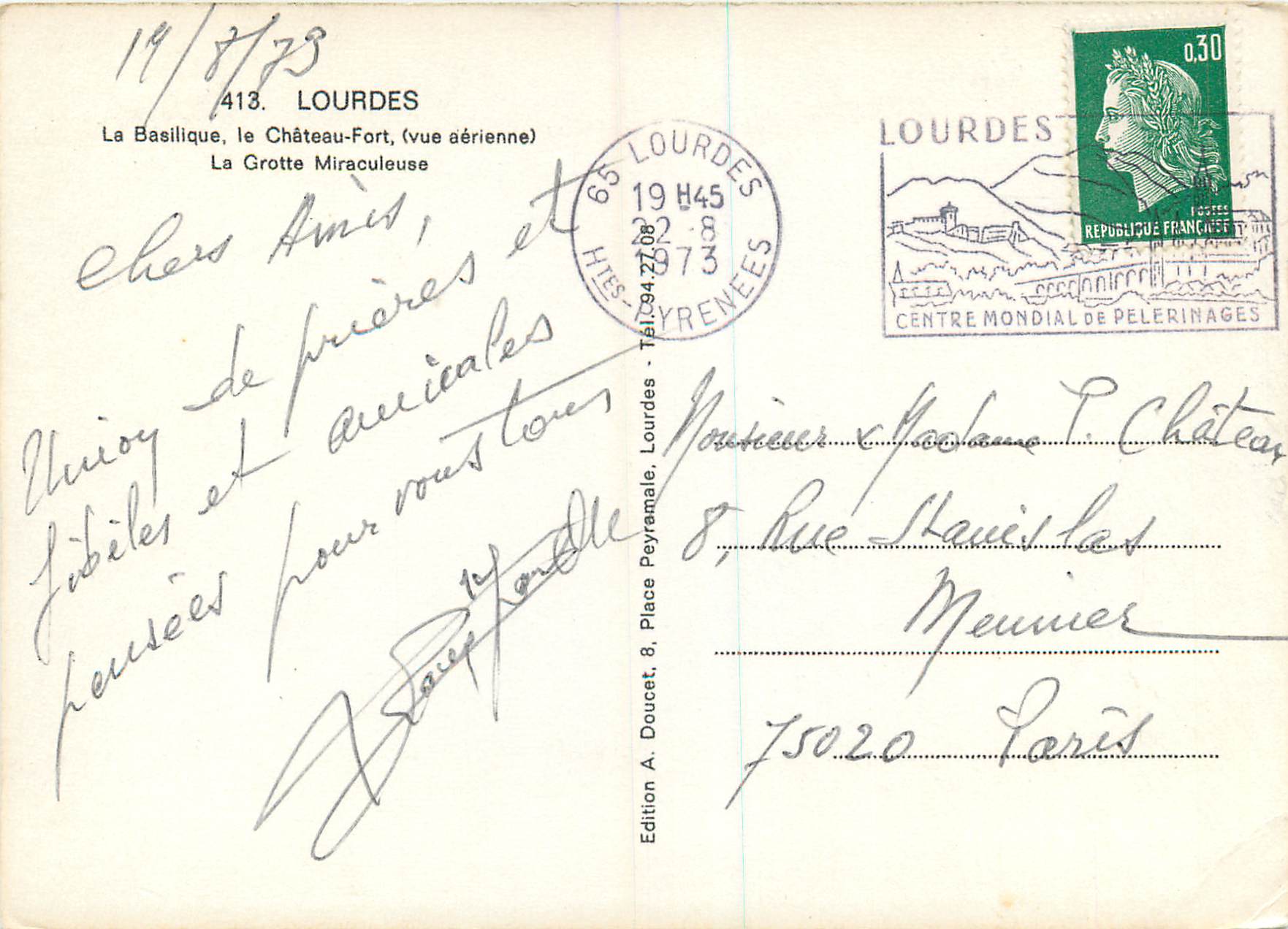 CPM Lourdes La basilique Le Chateau Fort Vue aerienne La Grotte Miraculeuse  — Verso