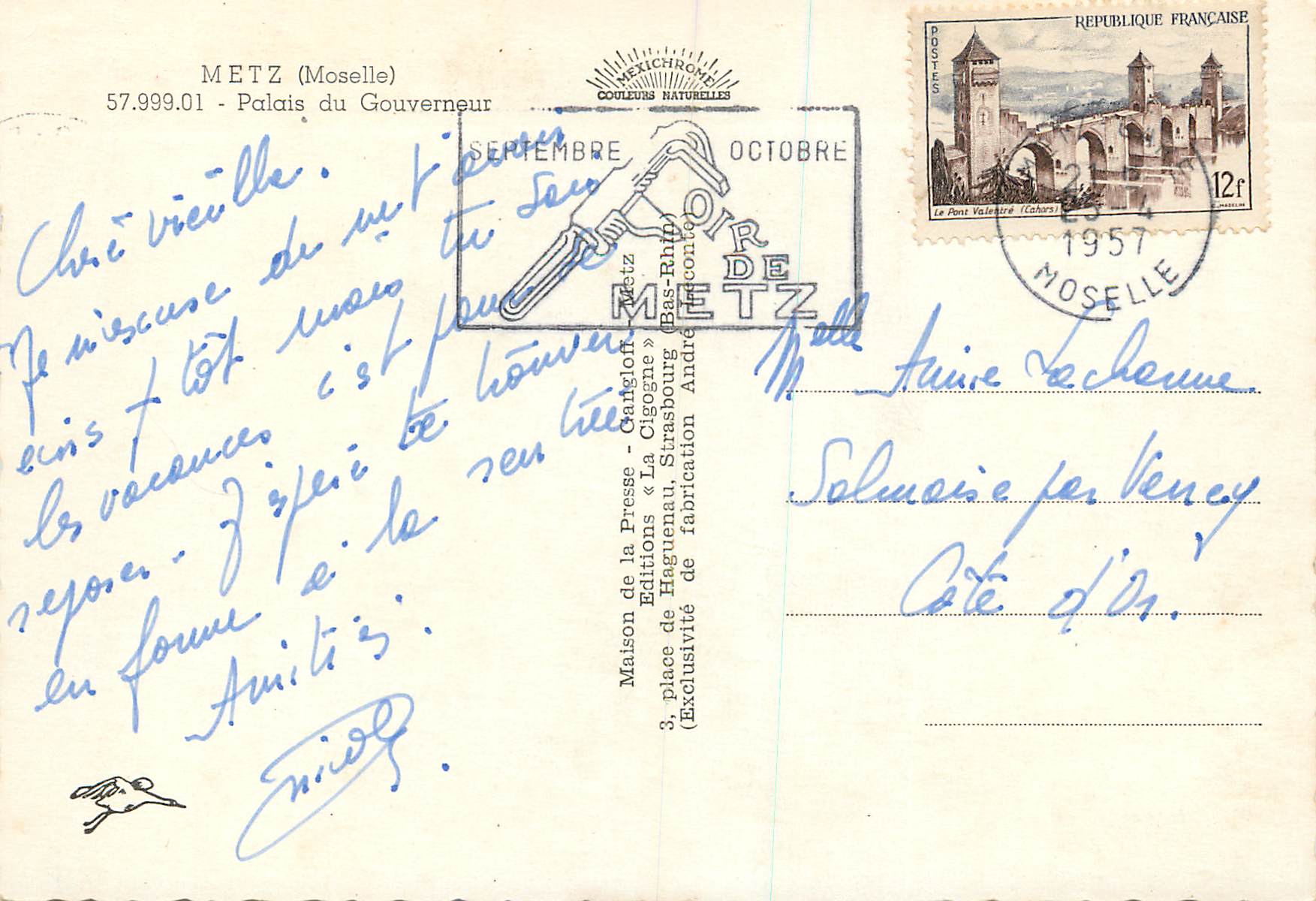 CPM Metz Moselle Palais du Gouvernement  — Verso
