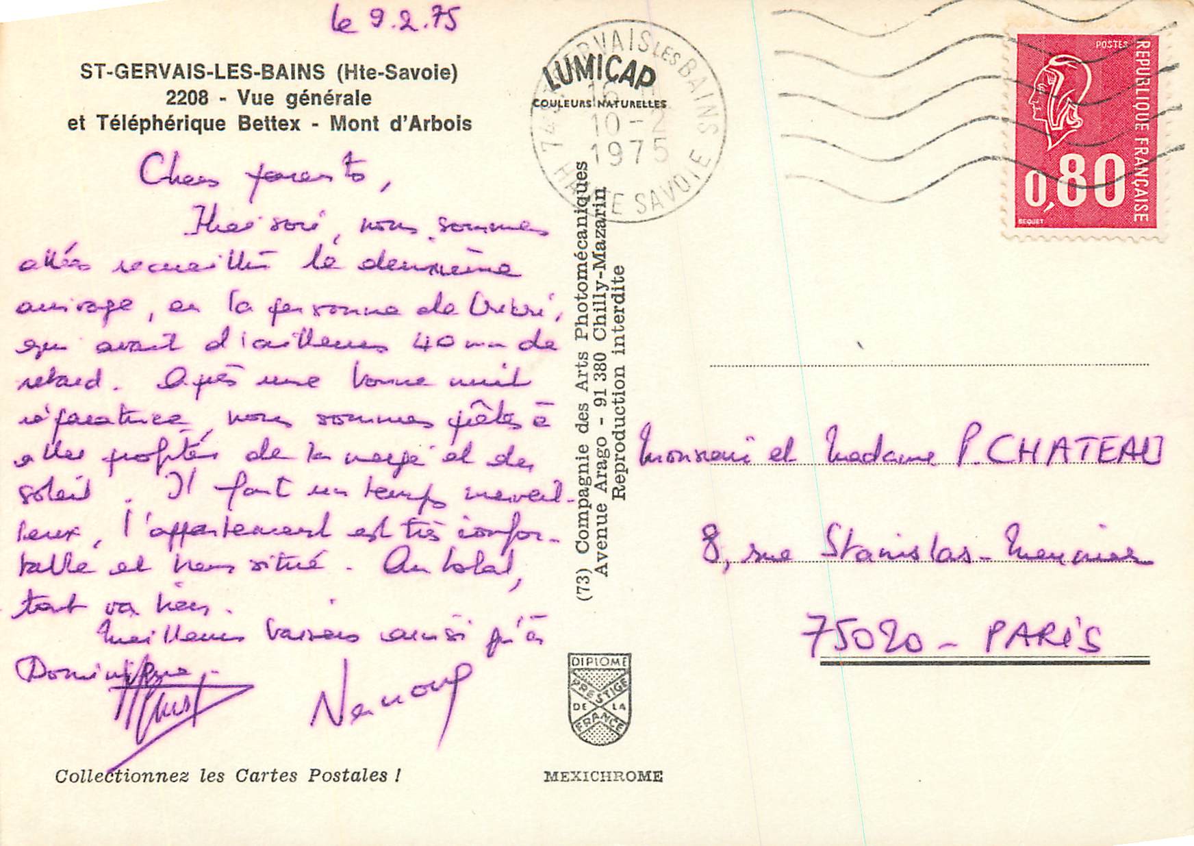 Saint-Gervais — Vue générale et Téléphérique Bettex — Mont d'Arbois — éditeur IRIS — Verso