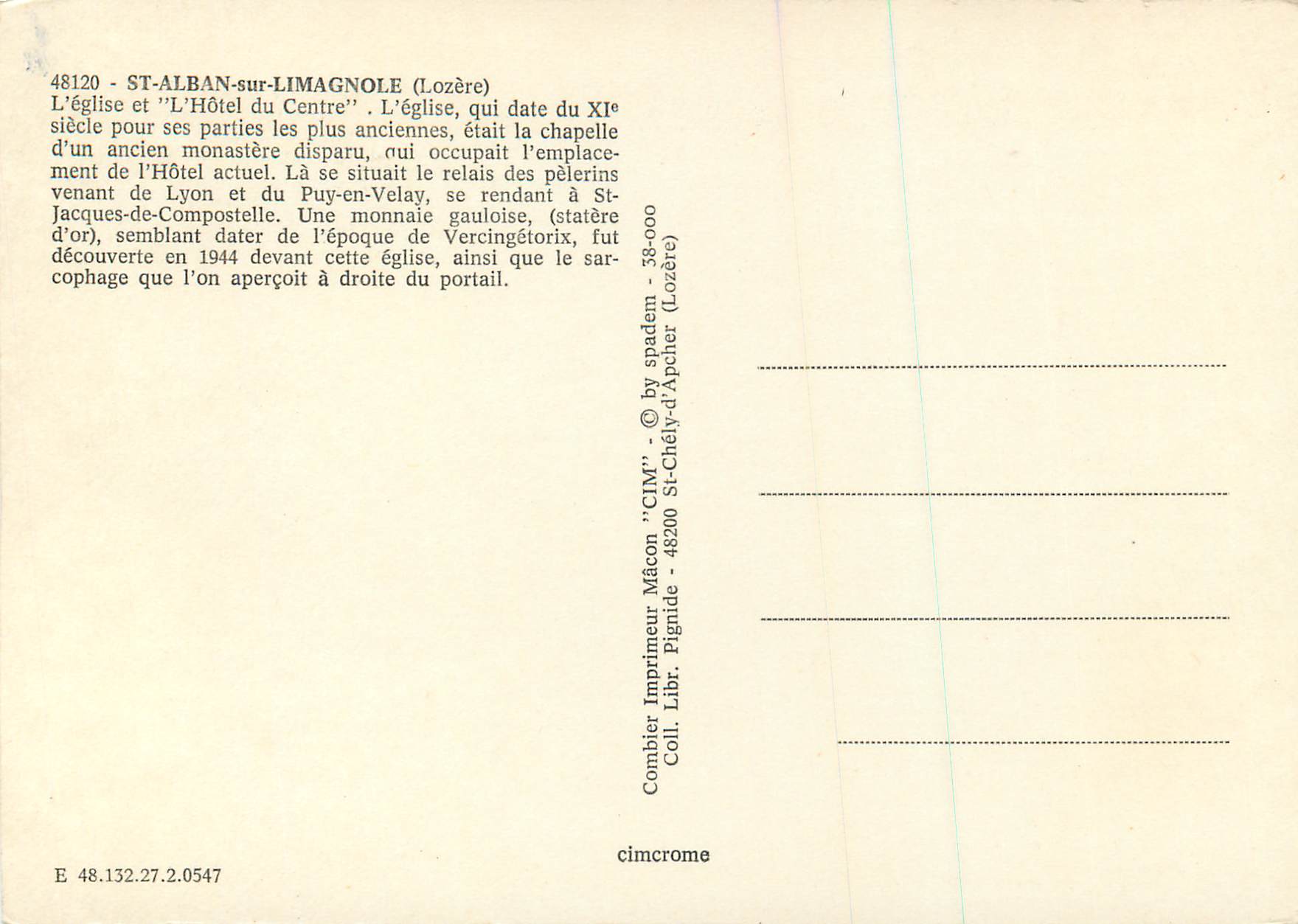 CPM St Alban sur Limagnole (Lozere) L'Eglise et l'Hotel du Centre — Rückseite