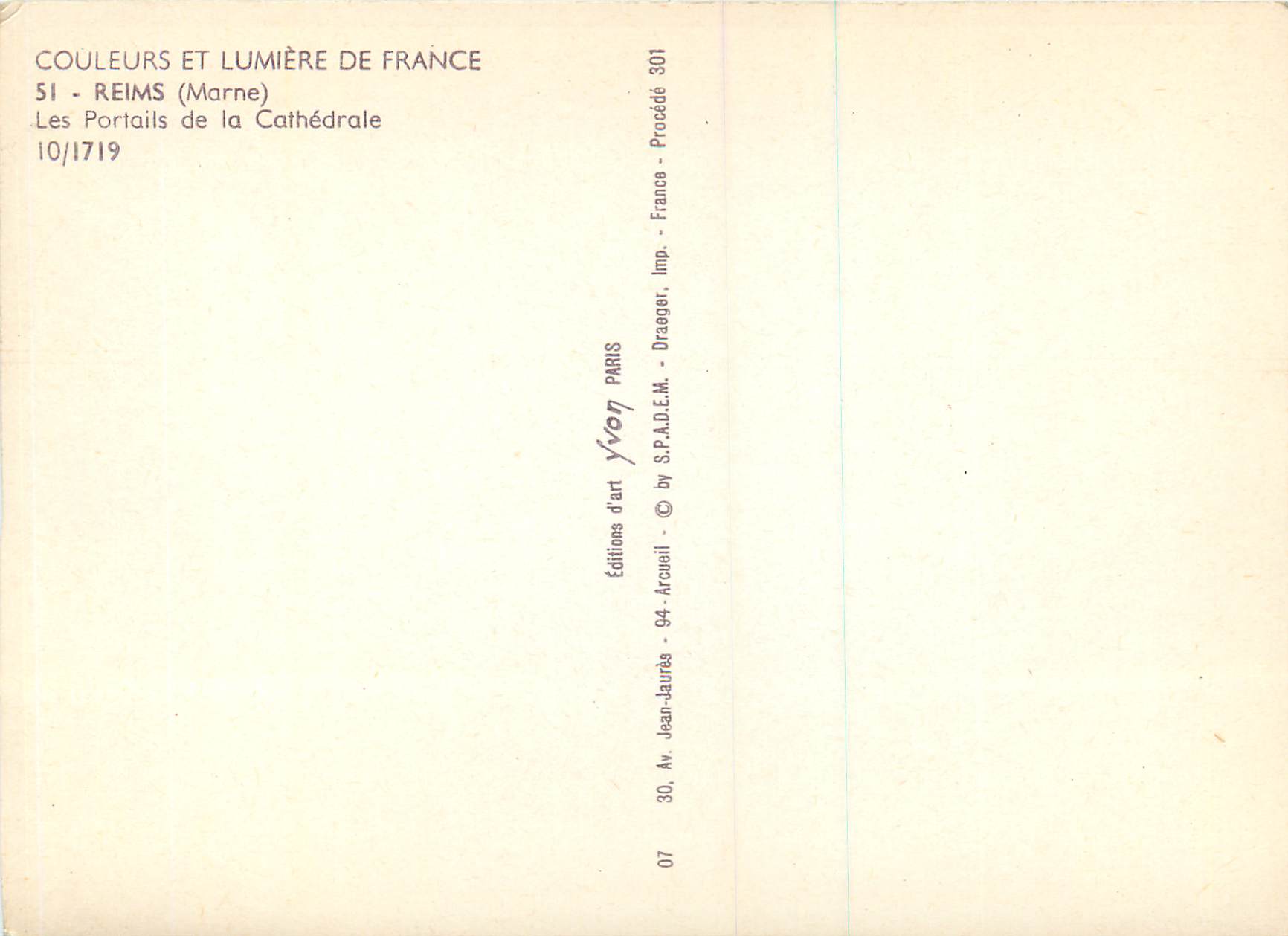 Reims — Les Portails de la Cathédrale — Éditions d'art Arcueil — Verso