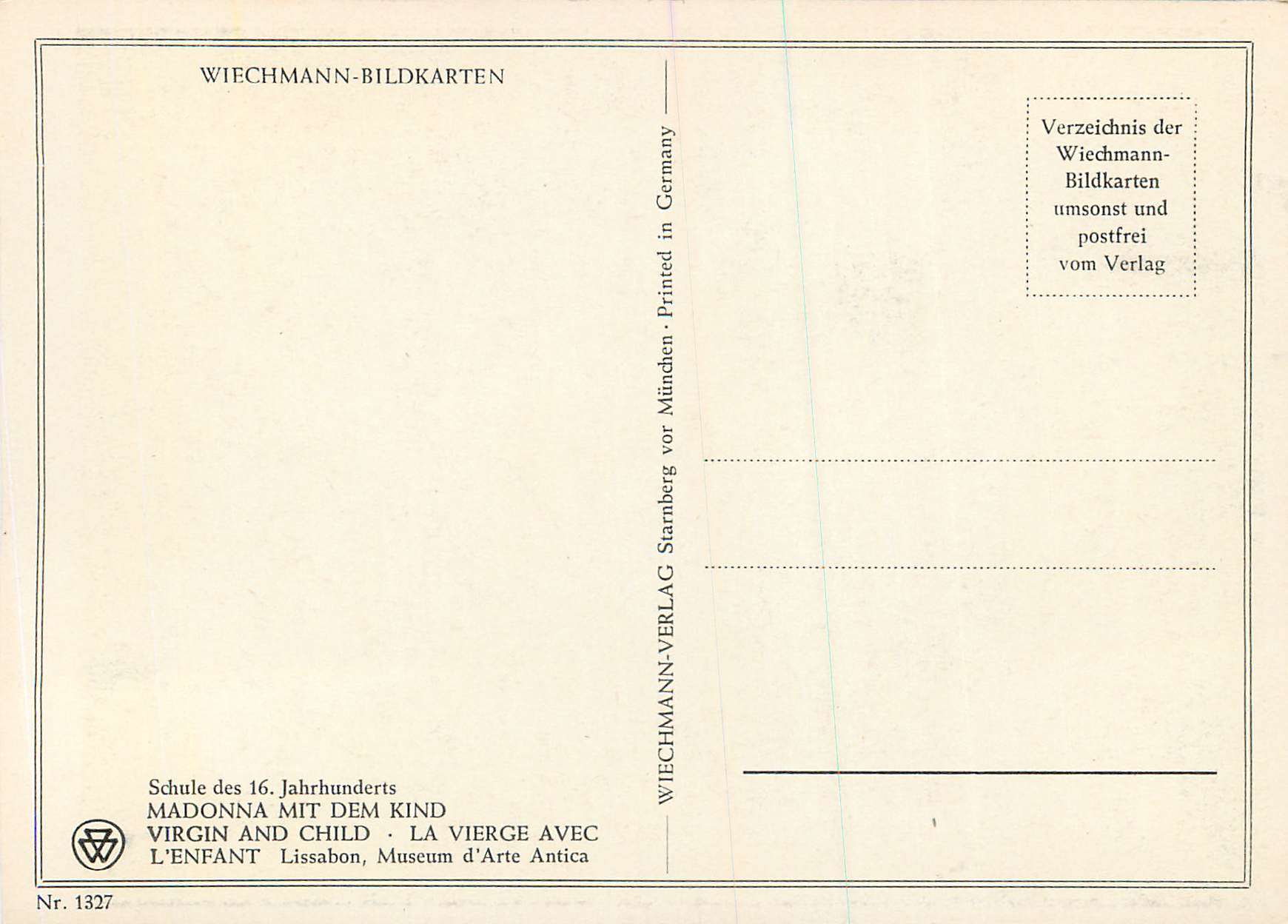 CPM Wienchmann Bildkarten Madonna Mit Denm Kind La Vierge avec l'Enfant Lissabon Museum d'Arte Antica — Verso