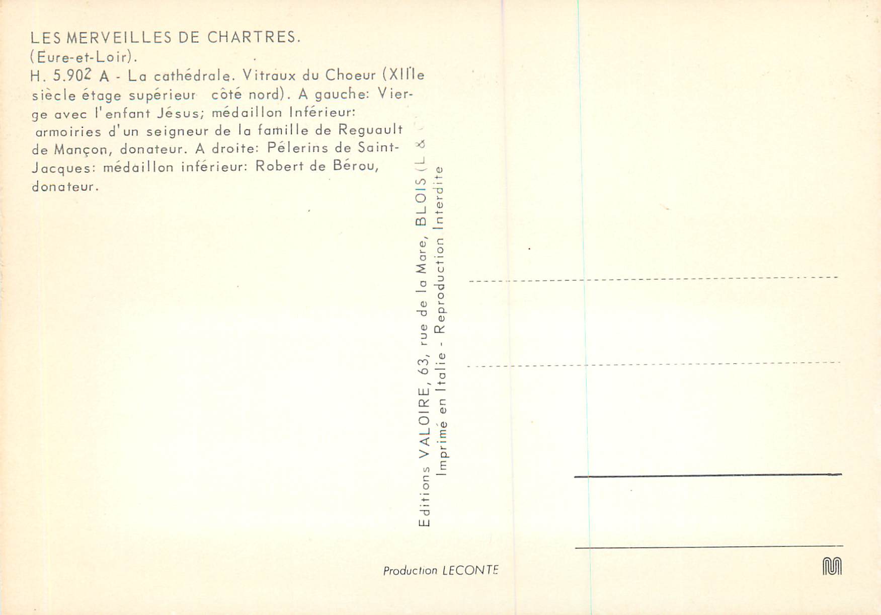 Vitraux de la cathédrale de Chartres — éditeur Valoire, n° H.5.902 A — Reverso