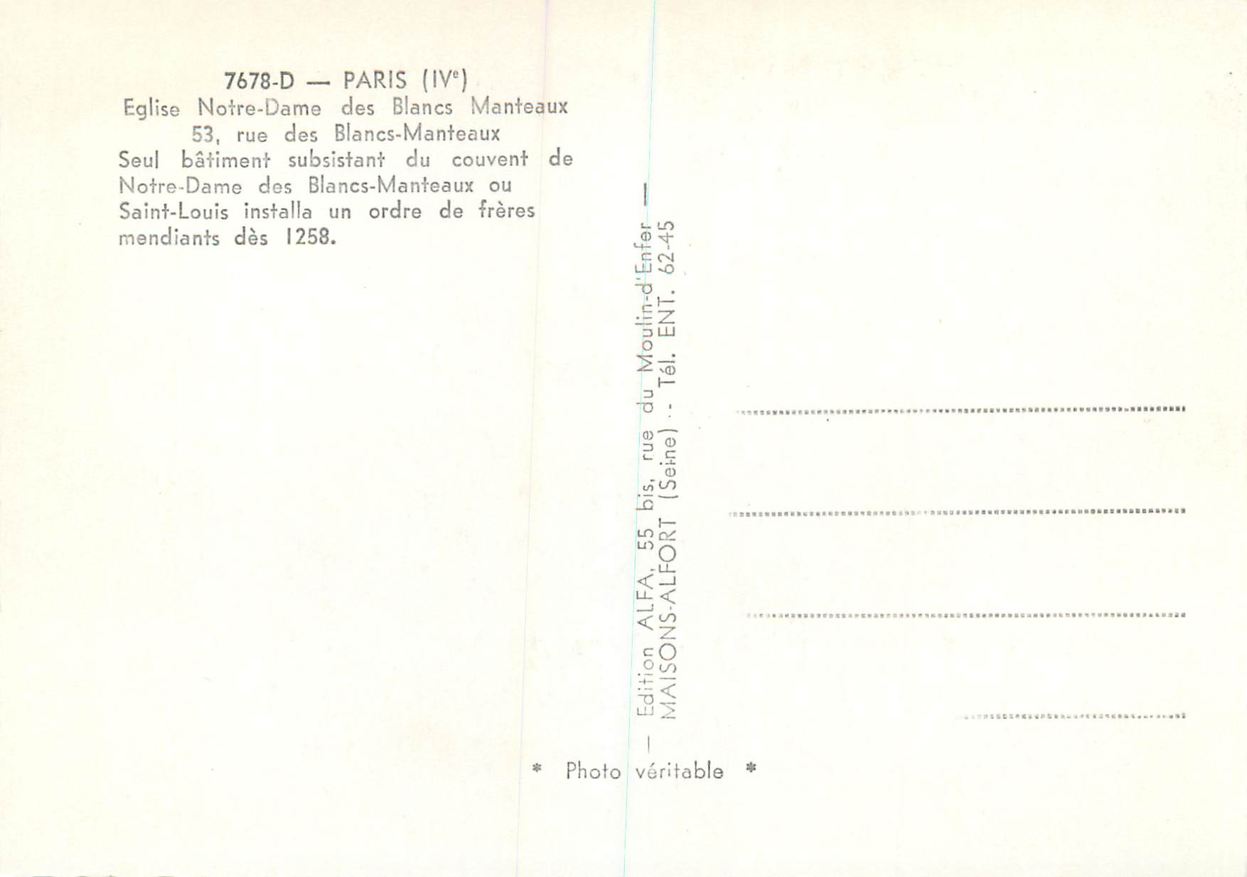 CPM Paris (IVe) Eglise Notre Dame des Blancs Manteaux — Verso