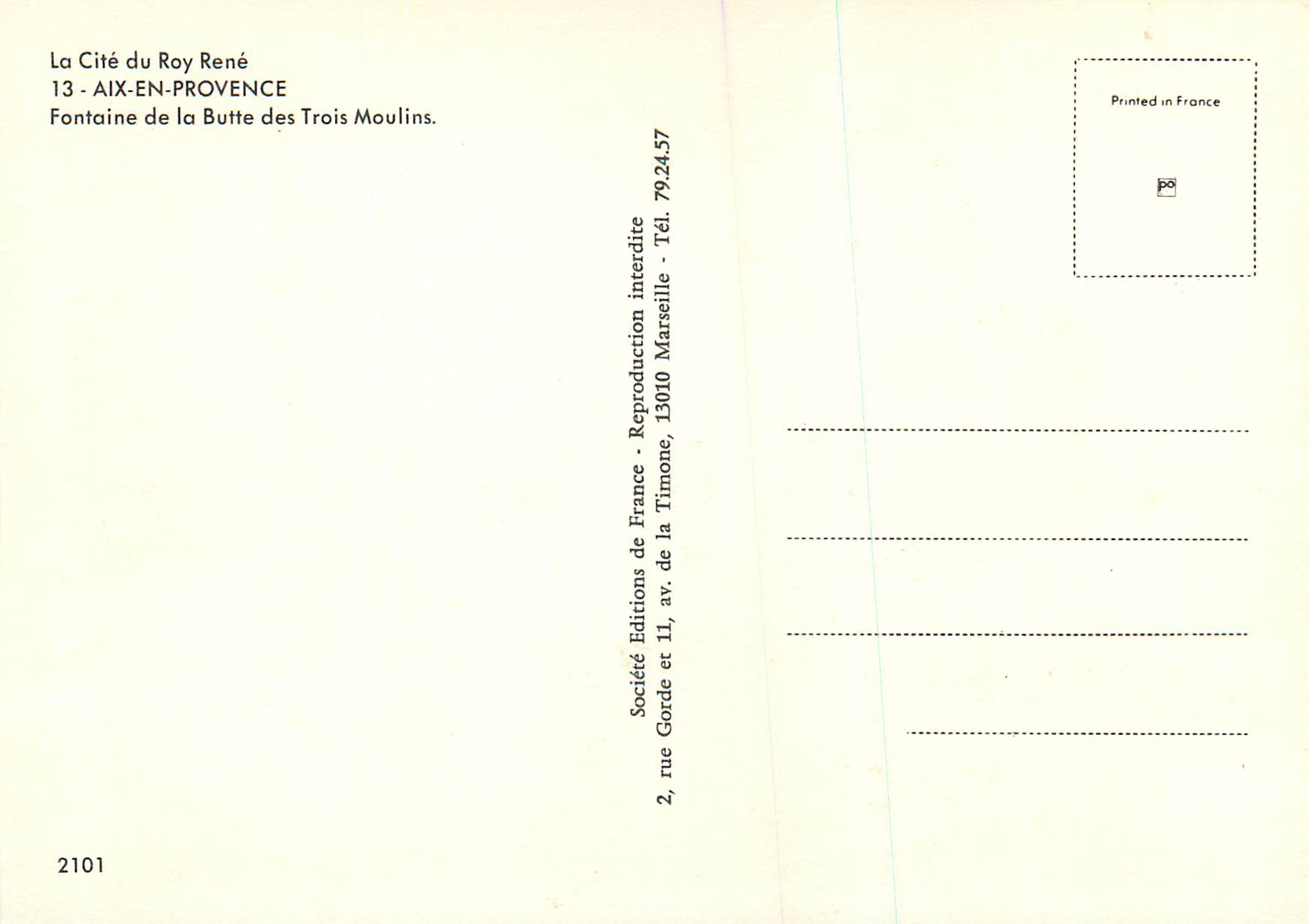 Fontaine de la Butte des Trois Moulin — La Cité du Roy René — Éditions de France — Verso