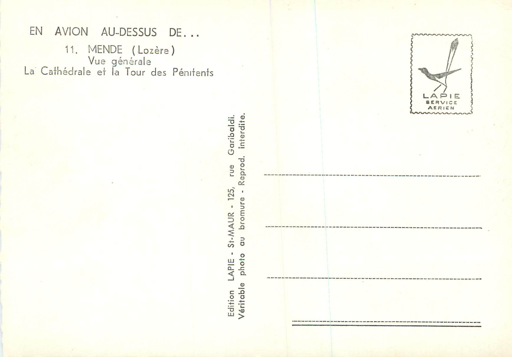 CPM Mende (Lozere) Vue Generale la Cathedrale et la Tour des Penitents — Rückseite