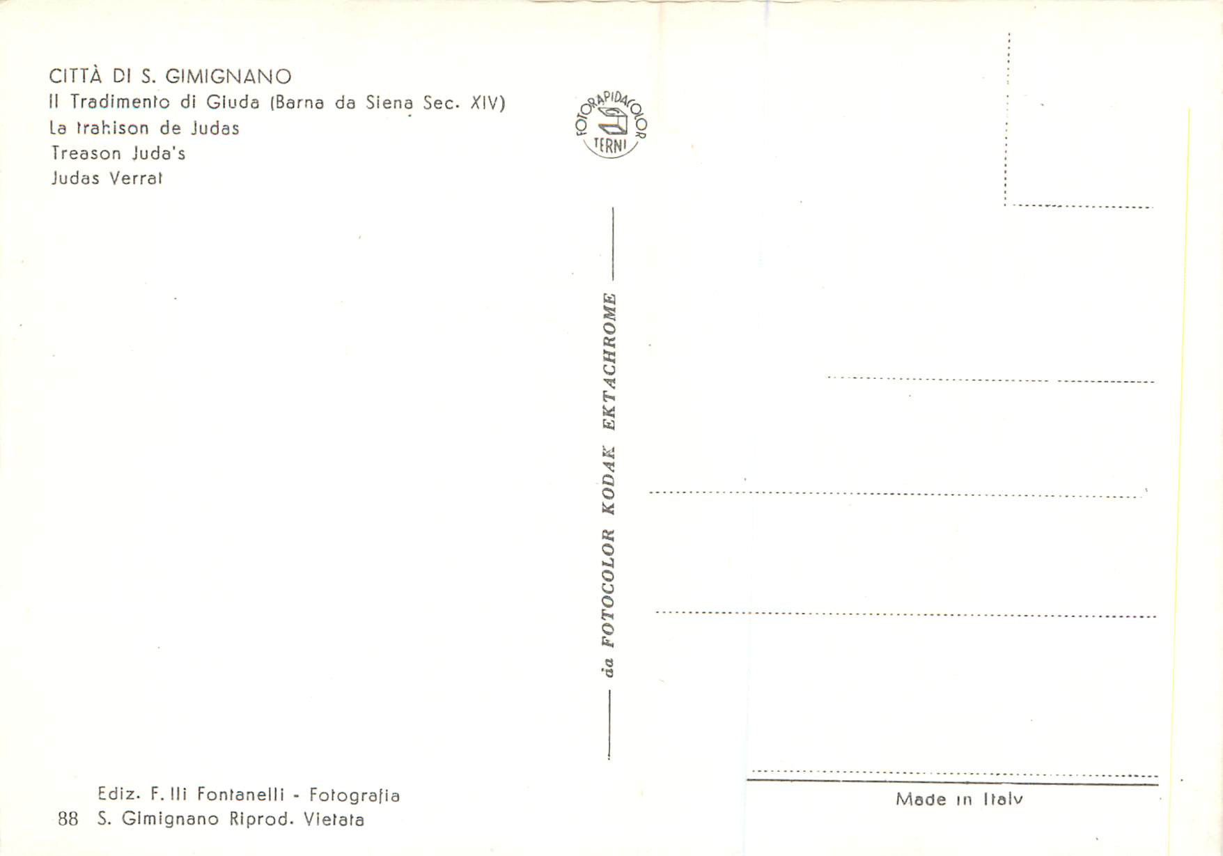 CPM Citta di S Gimignano La Trahison de Judas — Rückseite