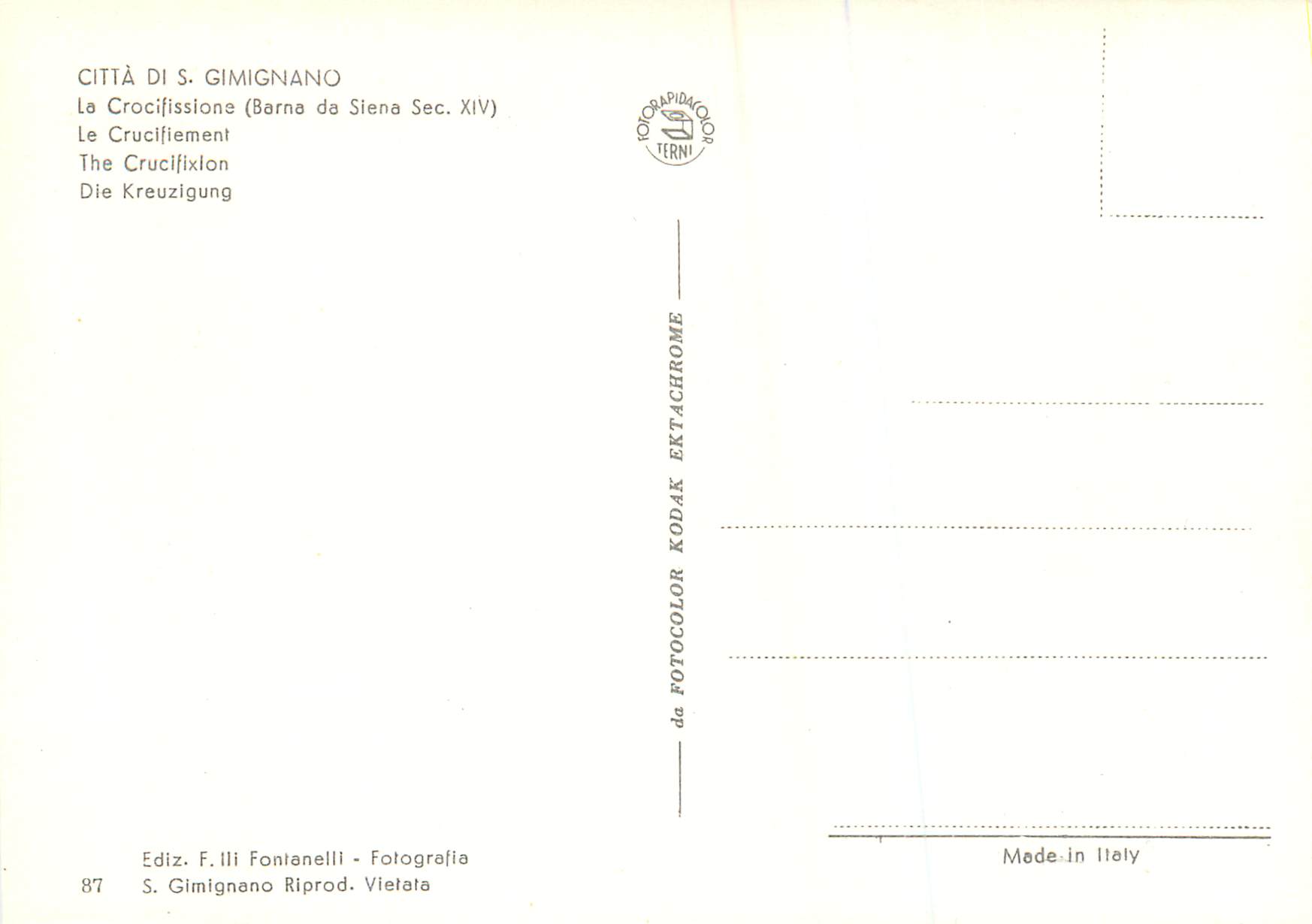 CPM Citta di S Gimignano Le Crucifiement (Barna da Siena Sec XIV) — Rückseite