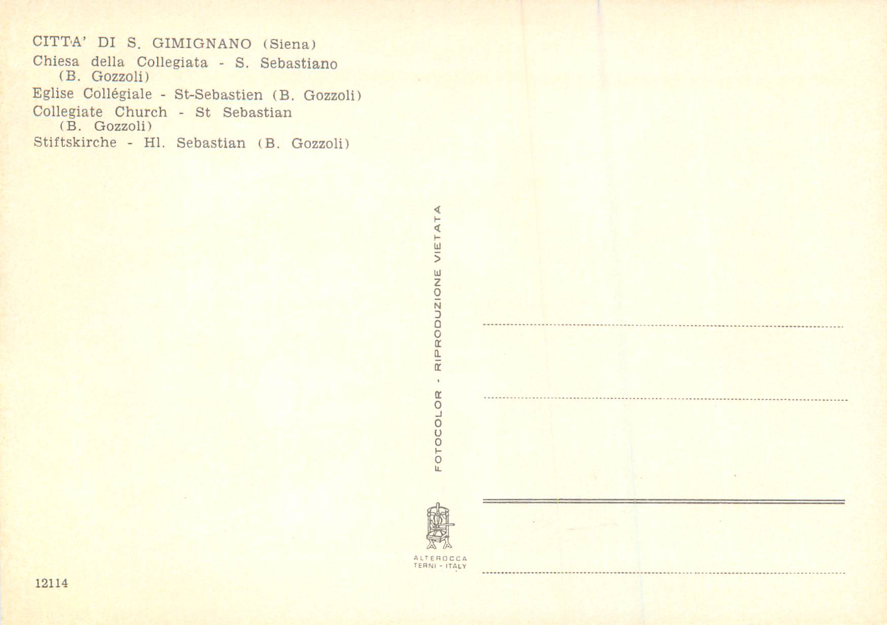 CPM Citta di S Gimignano (Siena) Eglise Collegiale St Sebastien (B Gozzoli) — Rückseite
