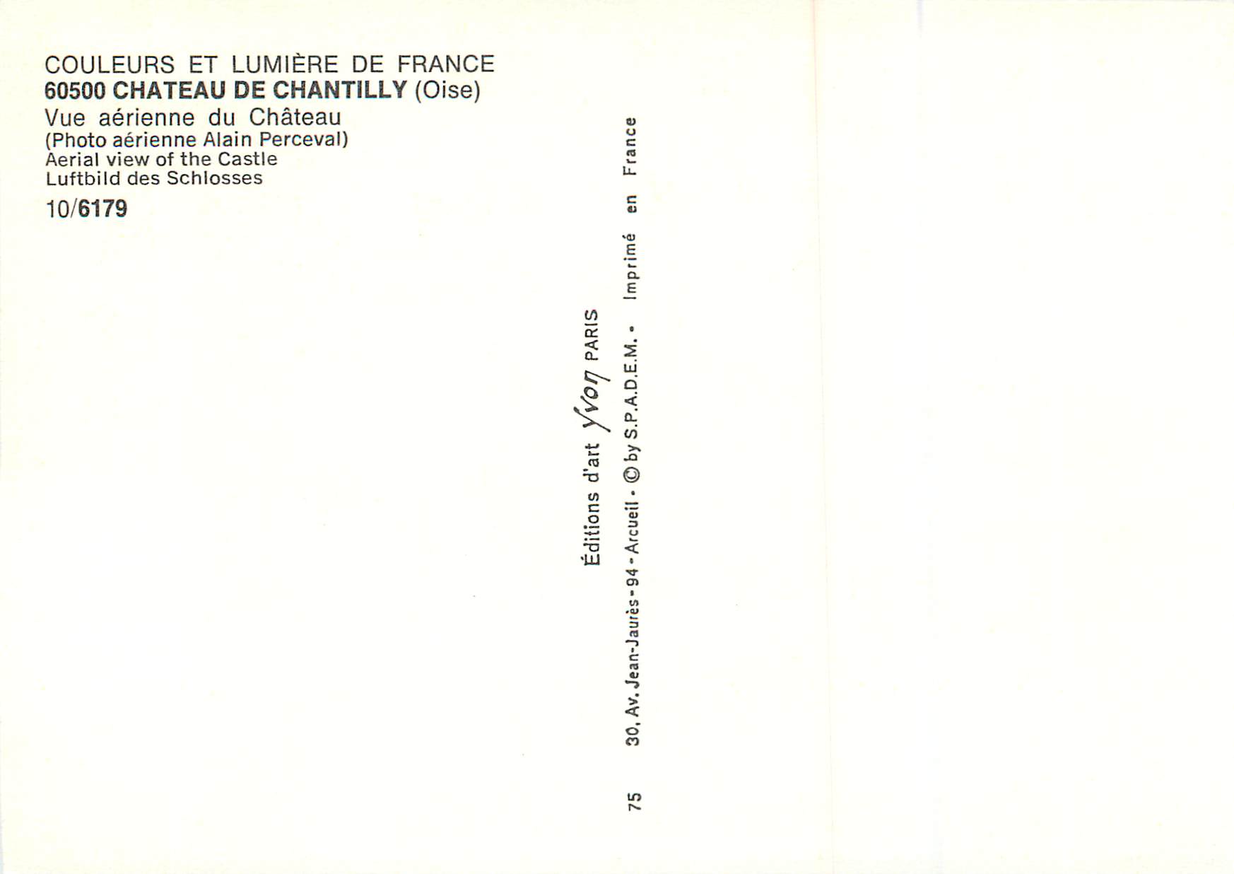 Château de Chantilly — vue aérienne — Éditions d'art Yvon — Rückseite