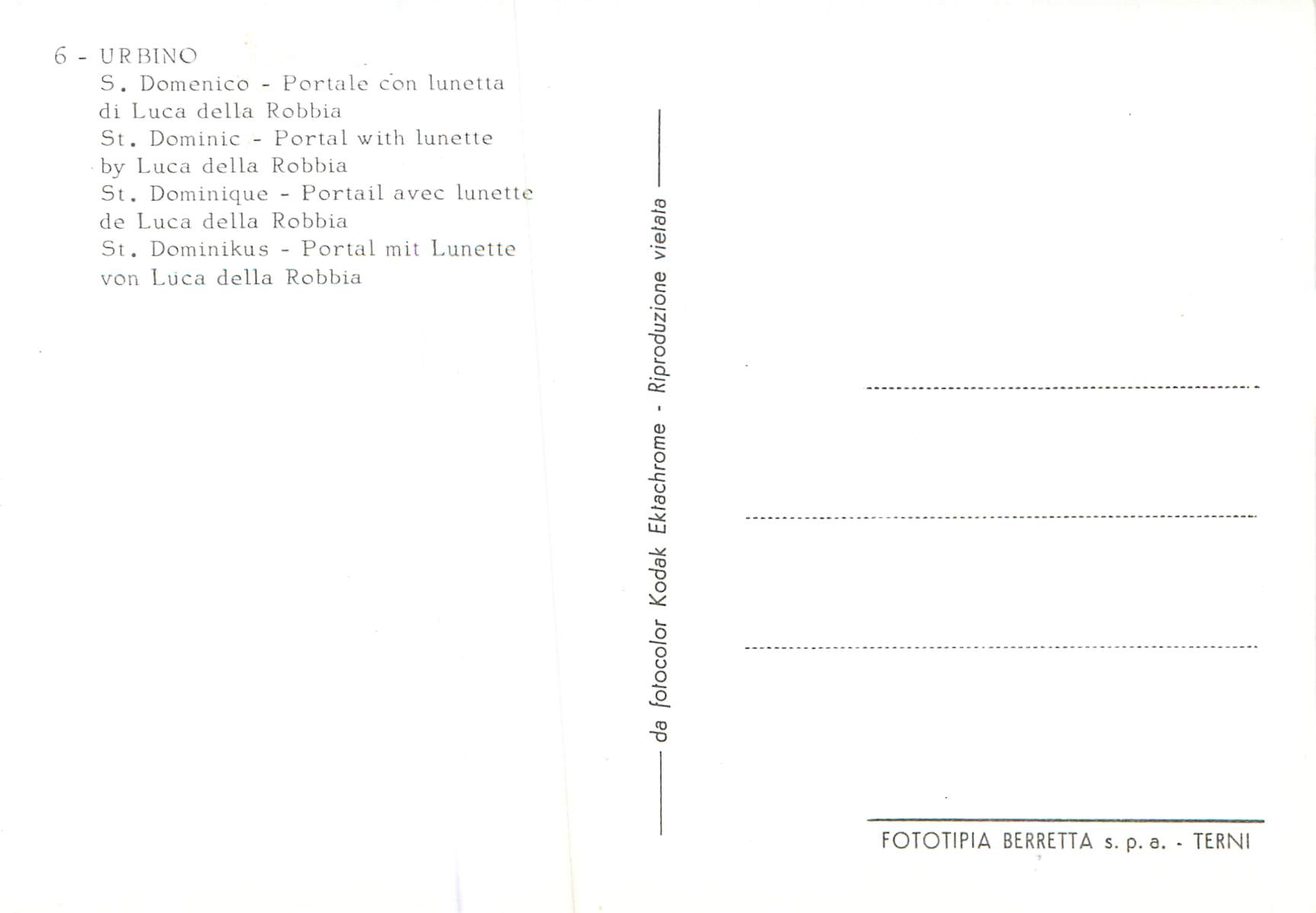 CPM Urbino St Dominique Portail avec Lunette de Luca della Robbia — Rückseite