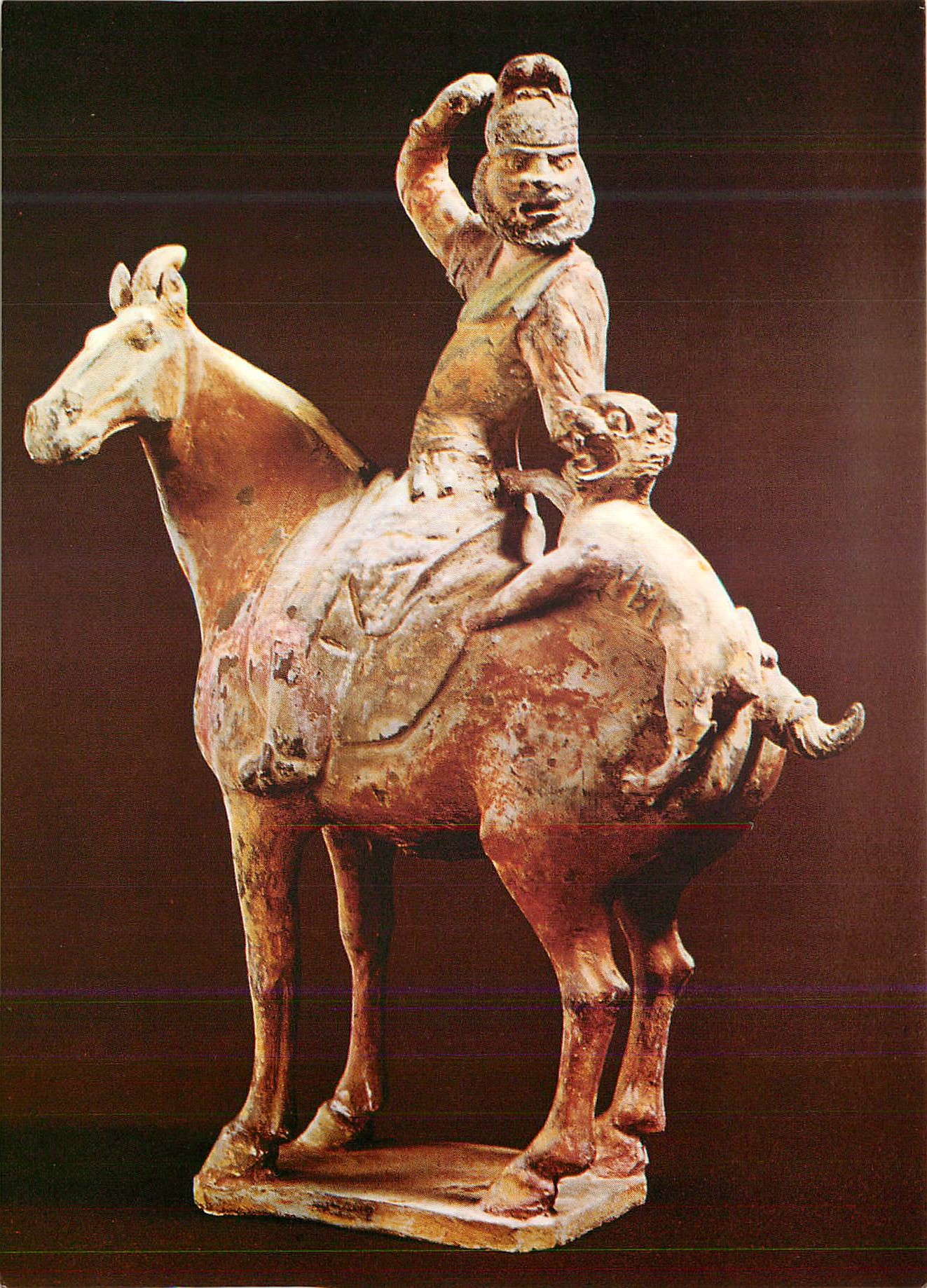CPM Chine Epoque des T'ang (618 907) Cavalier Barbare Maitrisant un Felin Statuette Funeraire en terre Cuite Peinte Deco