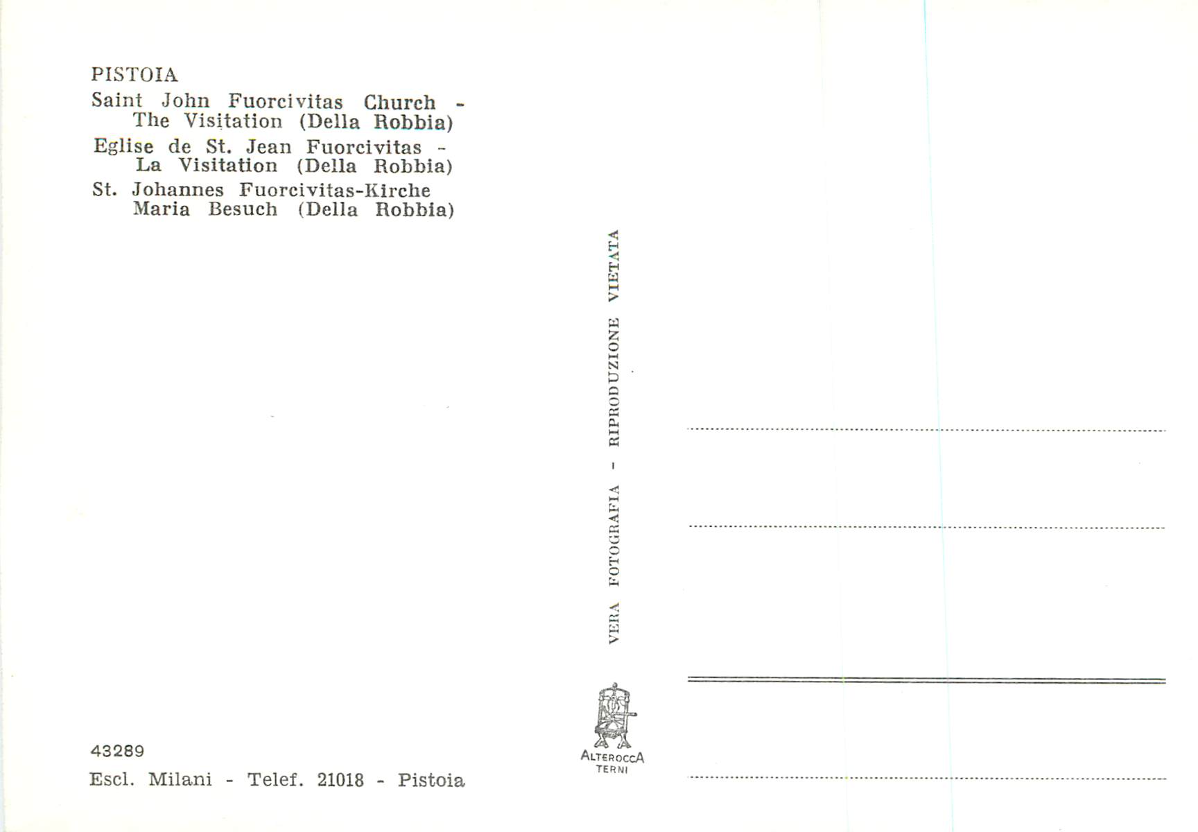 CPM Pistoia Eglise de Saint Jean Fuorcivitas la Visitation — Rückseite