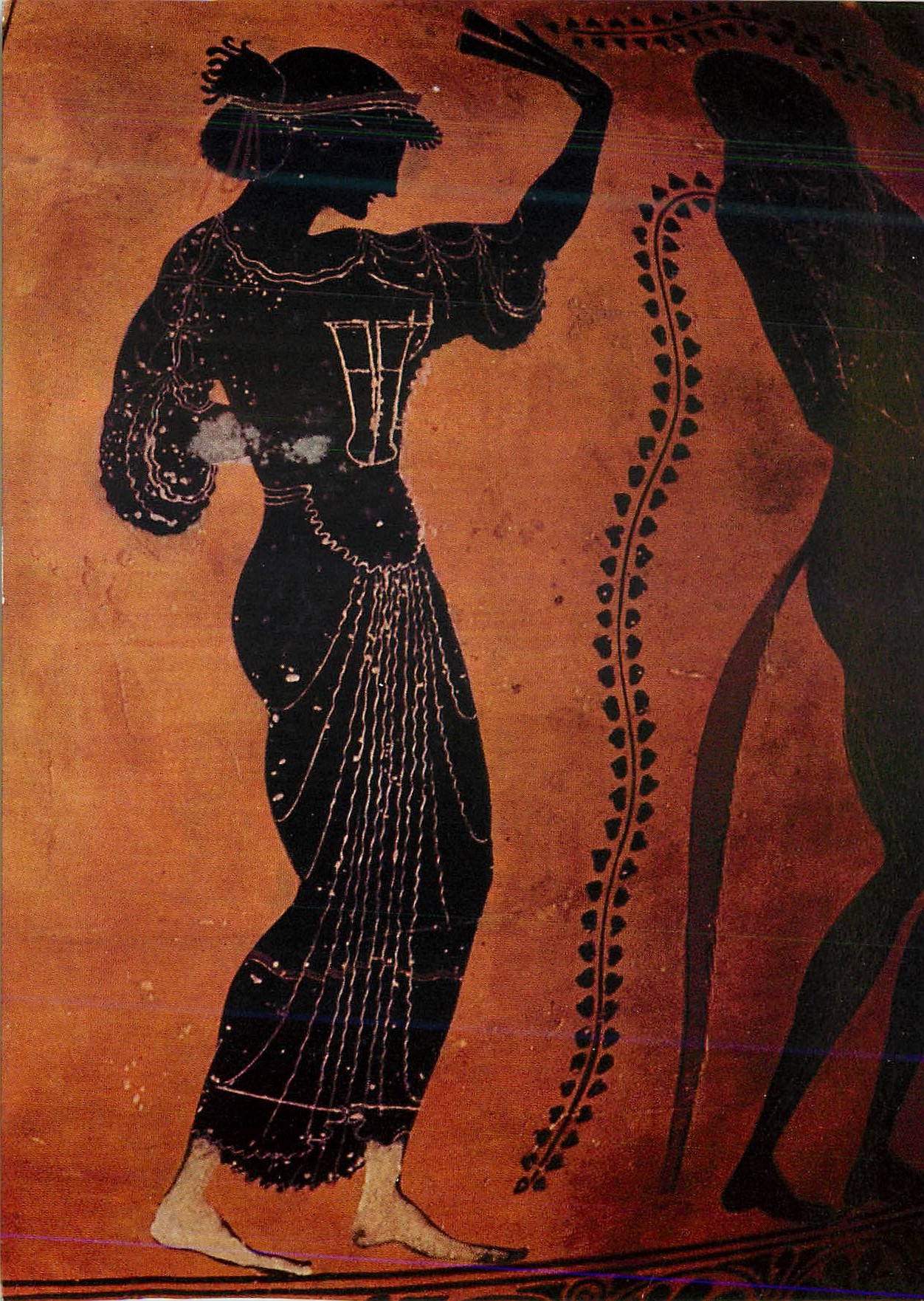 Amphore du potier Andokides — détail de la face arrière : Dionysos, satyres et ménades dansant et jouant du krotale — éditeur A. Egger, Cologne