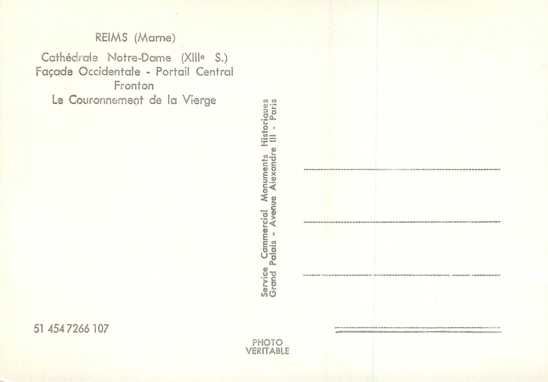 CPM Reims (Marne) Cathedrale Notre Dame (XIIIe s) Facade Occidentale — Verso