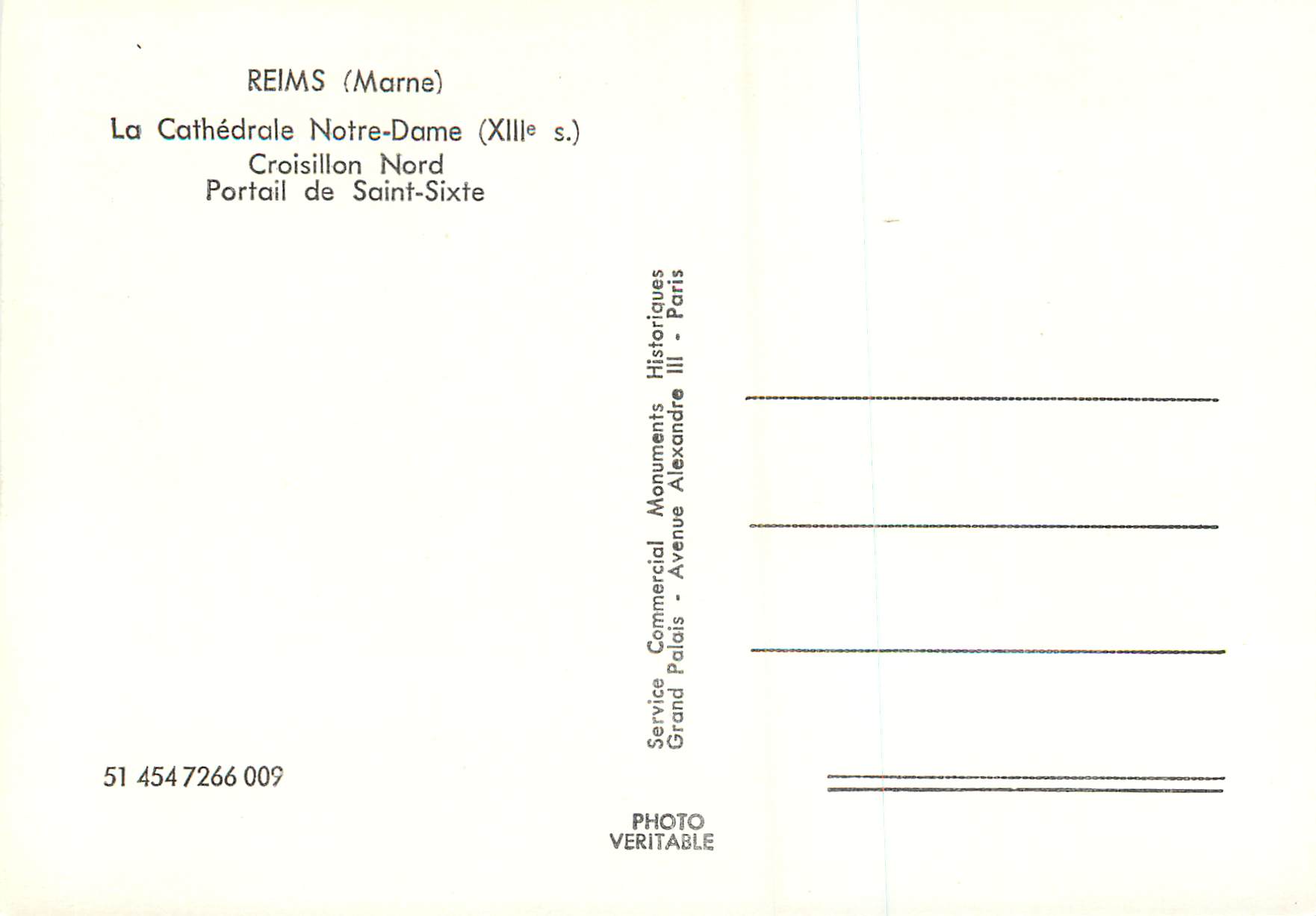 CPM Reims (Marne) la Cathedrale Notre Dame (XIIIe s) Croisillon Sud  — Verso