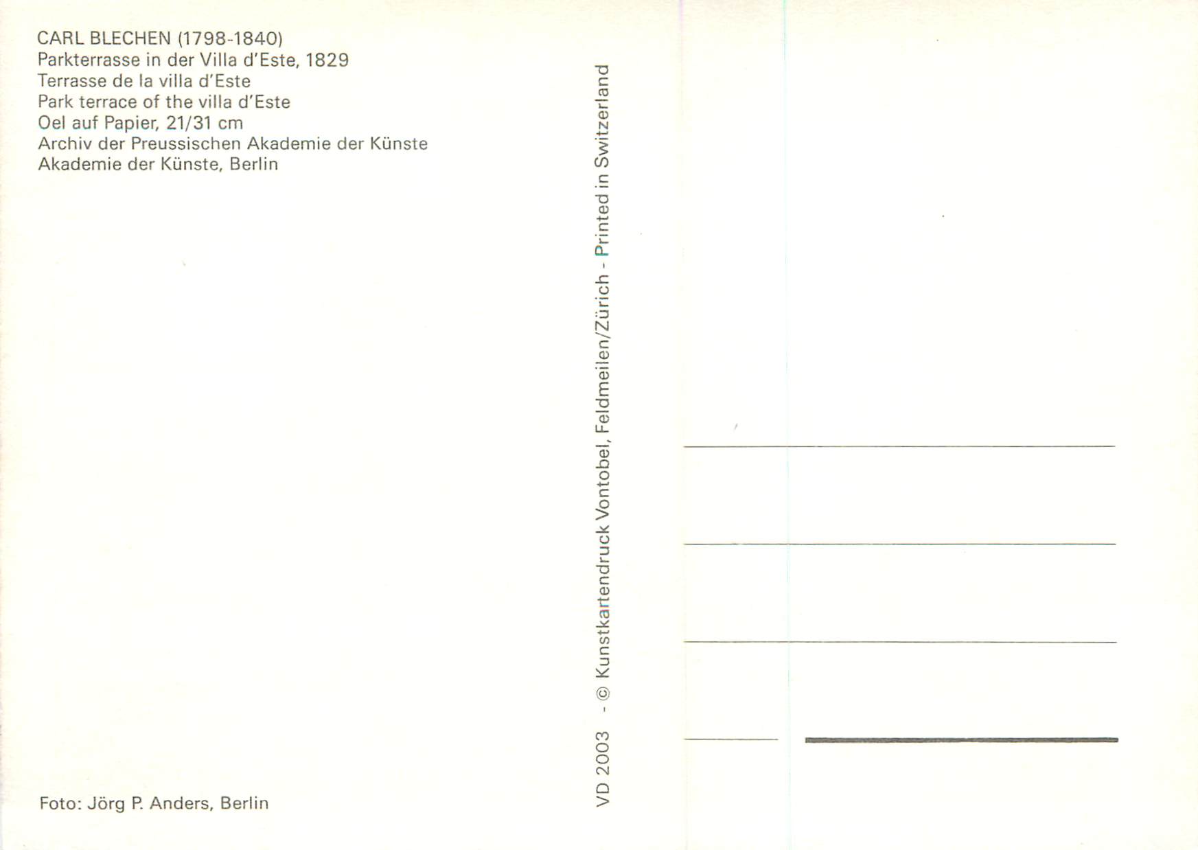 CPM Akademie der Kunste Berlin Carl Blechen (1798 1840) Terrace de la Villa d'Este — Back