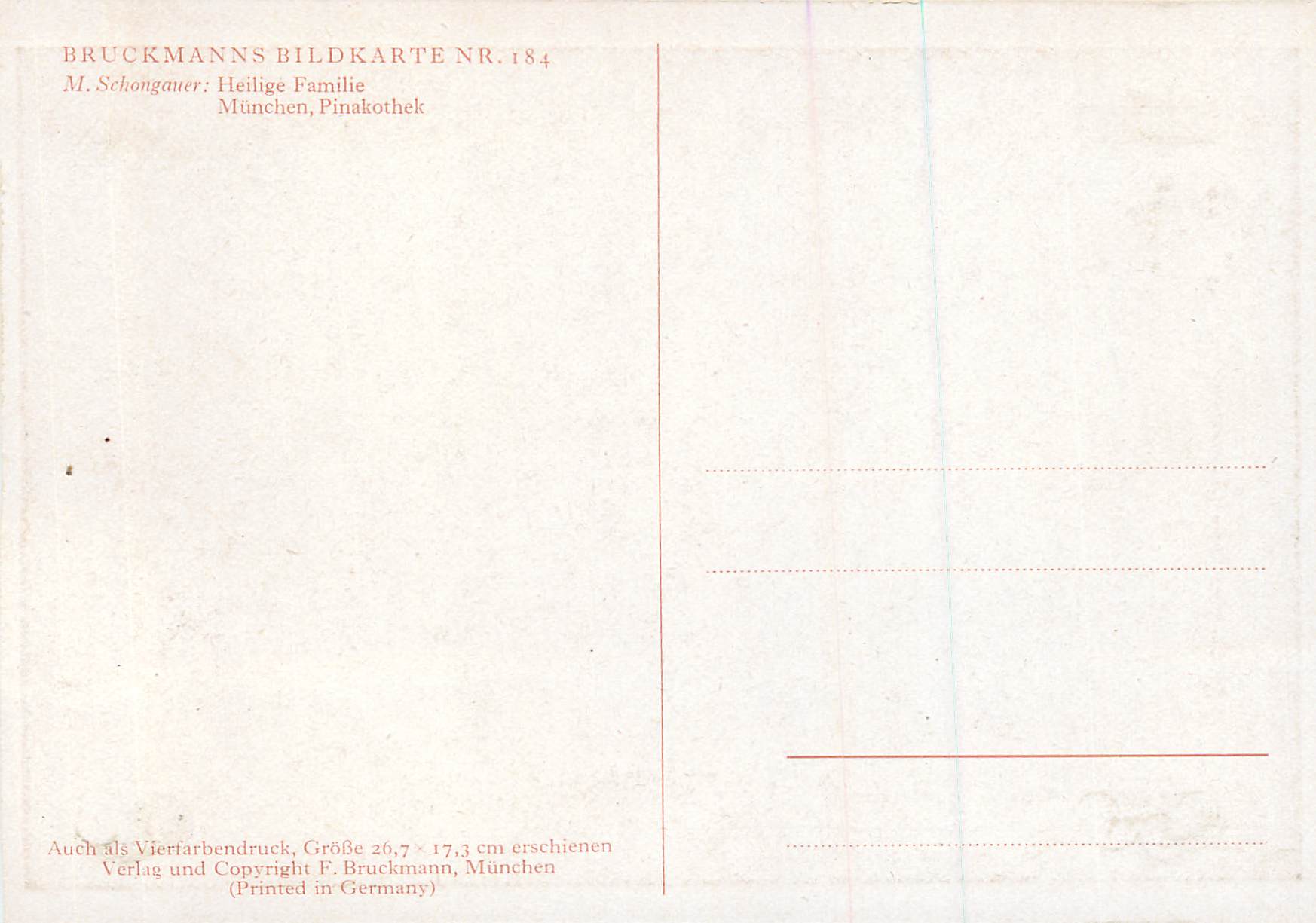 CPM Munchen Pinakothek Bruckmanns Bildkarte Heilige Familie — Rückseite