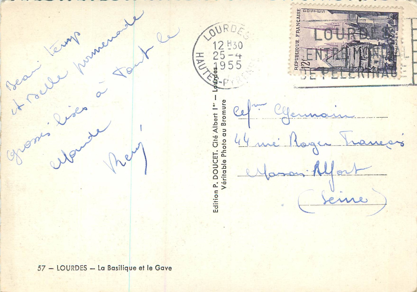CPM Lourdes La Basilique et le Gave — Verso