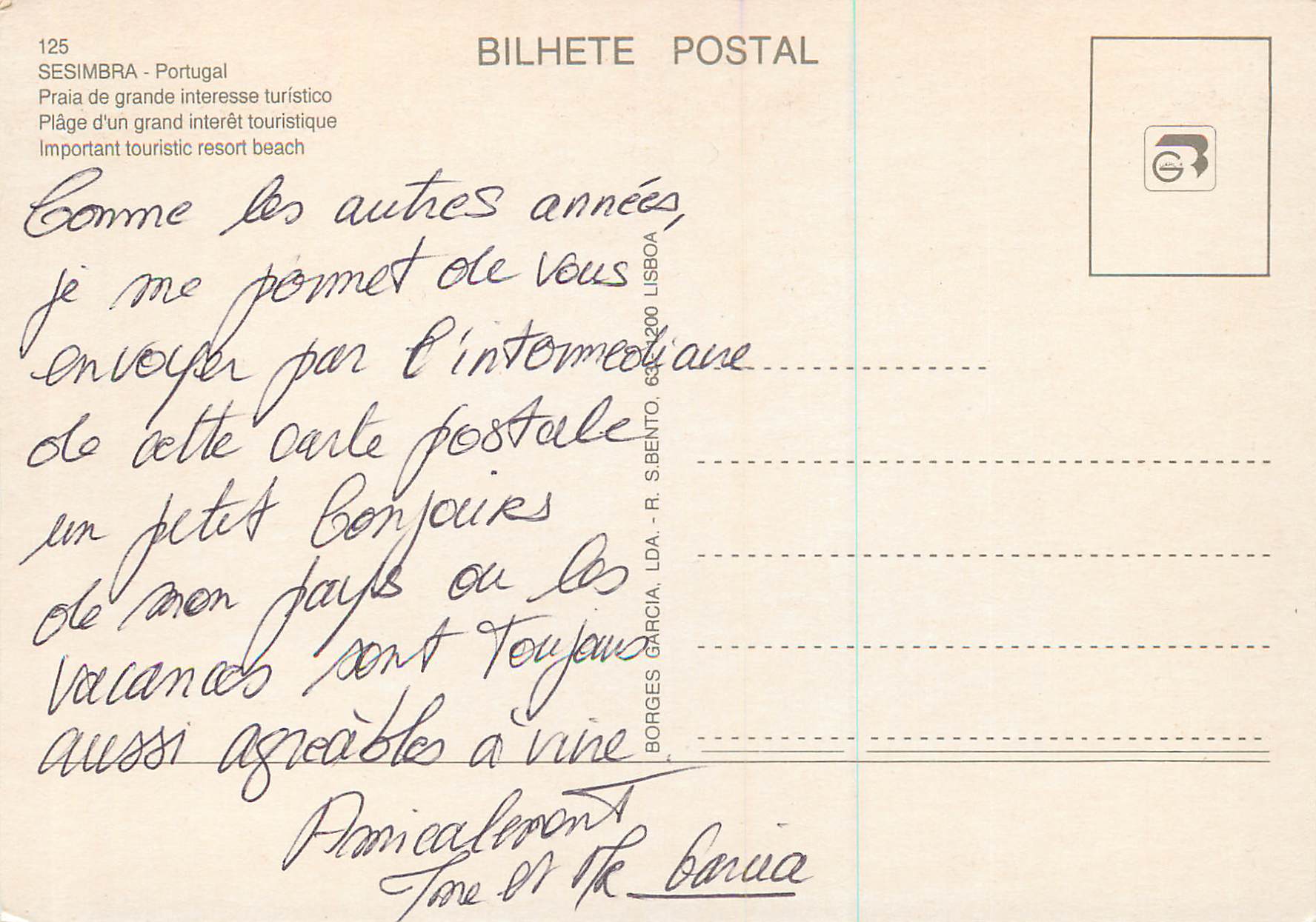 Sesimbra — vue de la plage et du port — Bilhete Postal n°125 — Rückseite