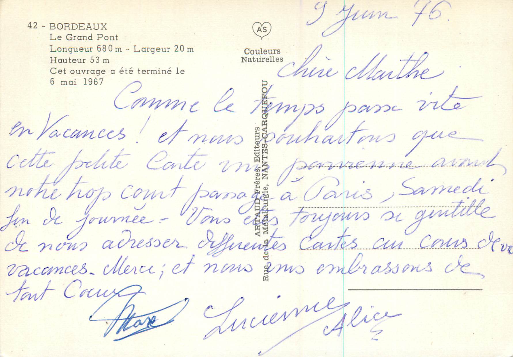 CPM Bordeaux Le Grand Pont — Verso