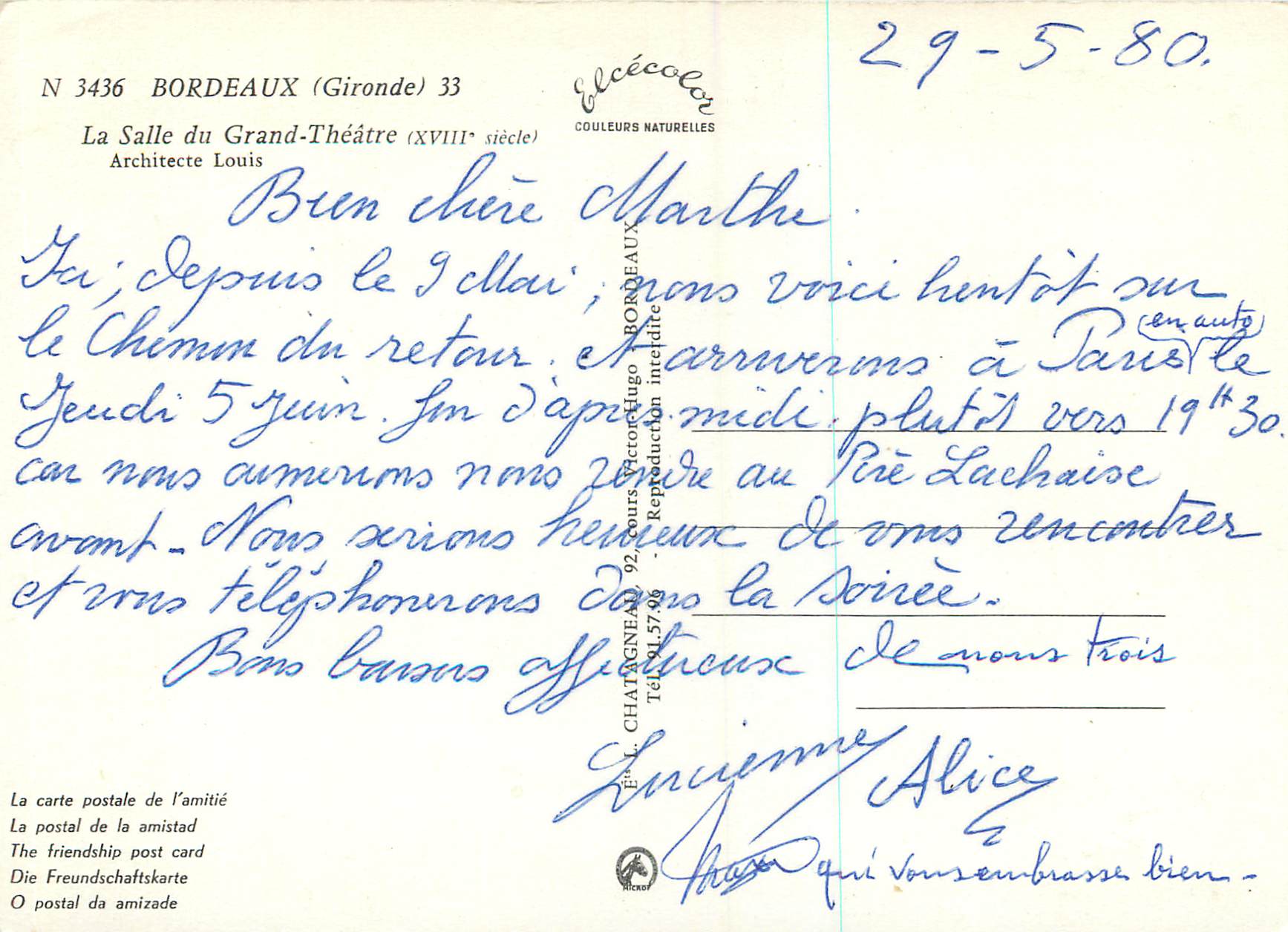 CPM Bordeaux (Gironde) La Salle du Grand Theatre (XVIIIe Siecle) Architecte Louis — Verso