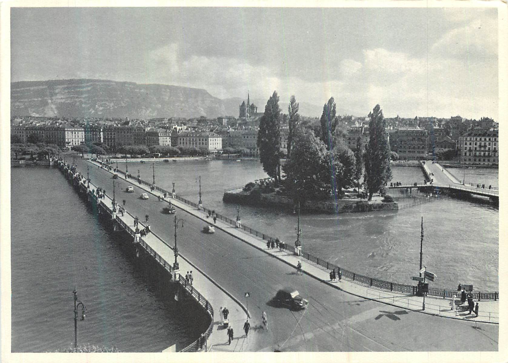 CPM Geneve Pont du Mont Blanc Ile Rousseau et Pont des Bergues