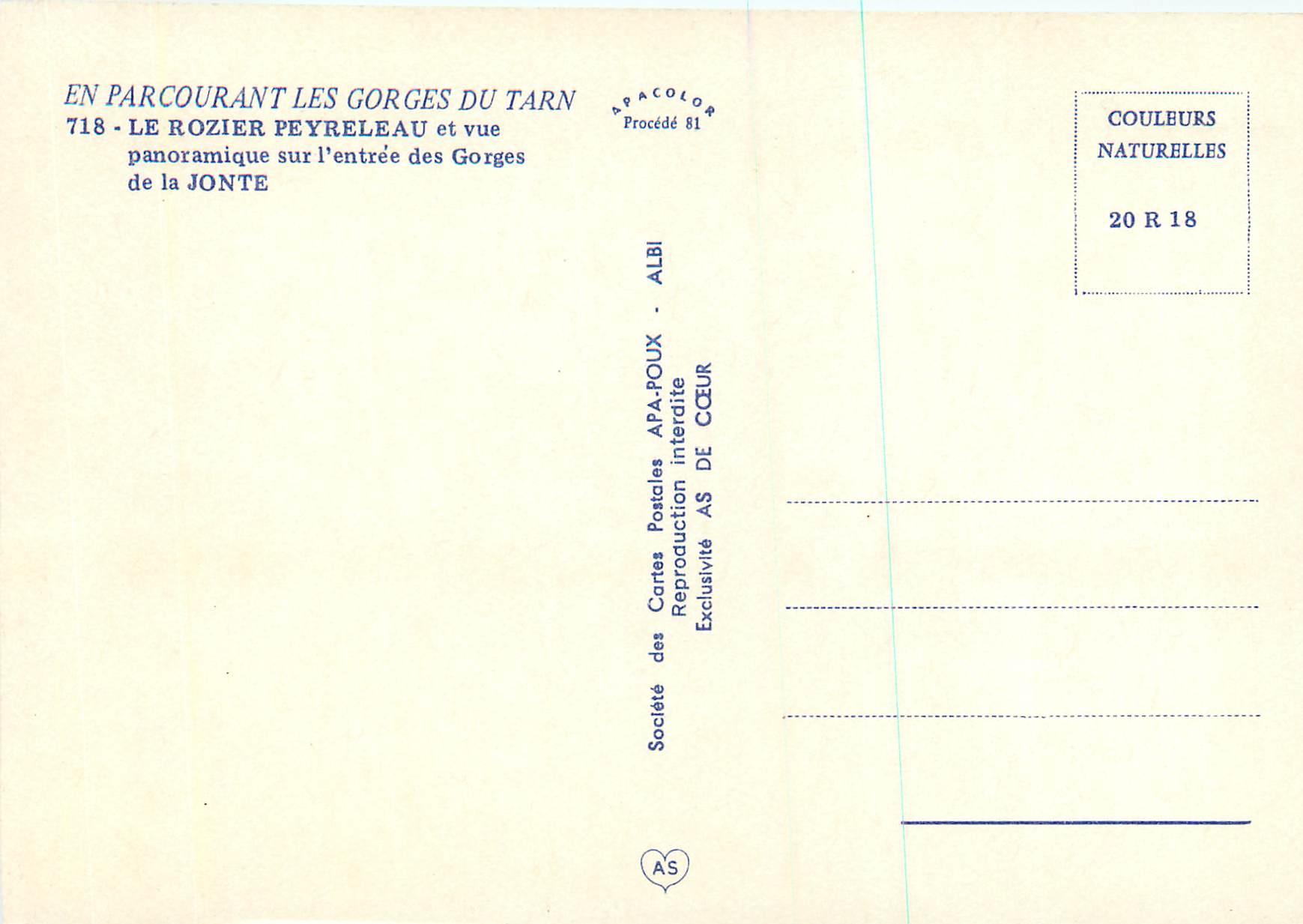 Le Rozier Peyreleau — vue panoramique sur l'entrée des Gorges du Tarn — Société des Cartes Postales APA-POUX — Rückseite