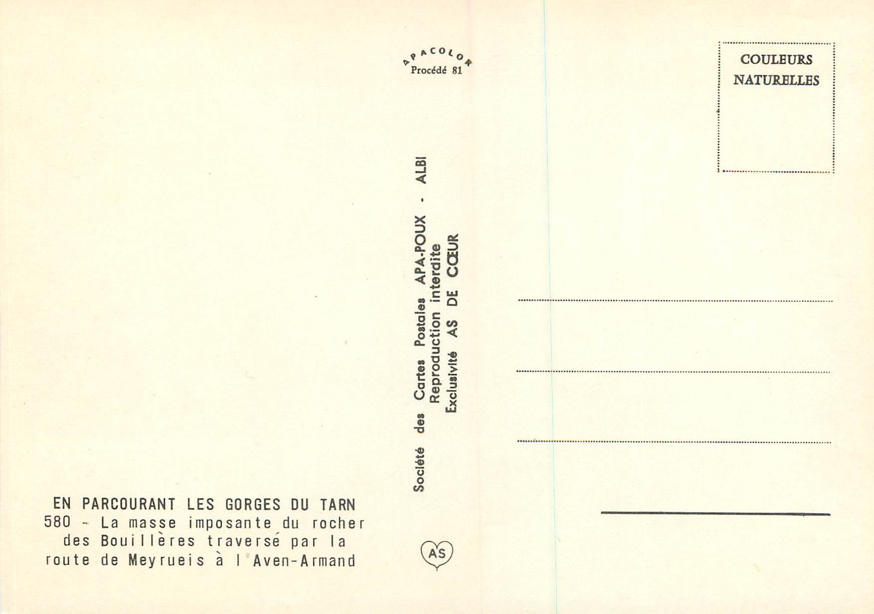 Gorges du Tarn — Rocher des Bouillères — Société des Cartes Postales APA-POUX ALBI — Verso