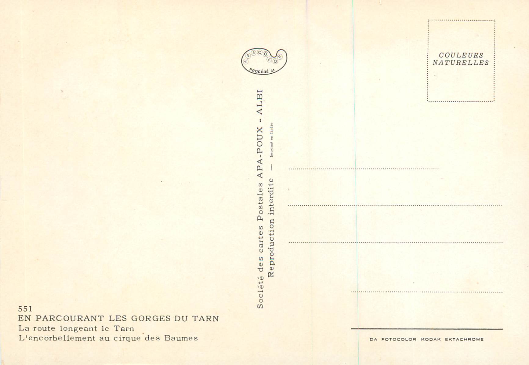 Les Gorges du Tarn — Route longeant le cirque des Baumes — APA — n° 551 — Verso