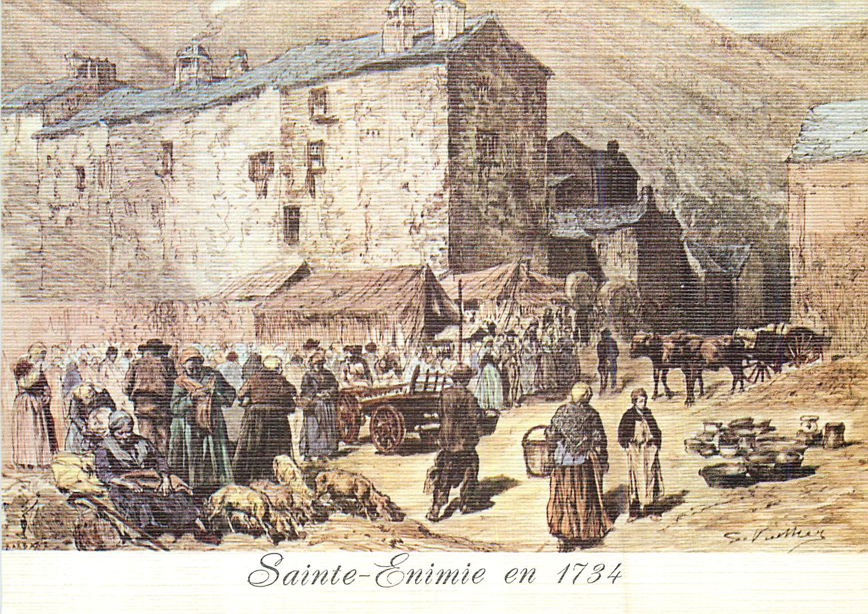 Sainte-Enimie en 1734 — scène de marché — Société des Cartes Postales APA-POUX