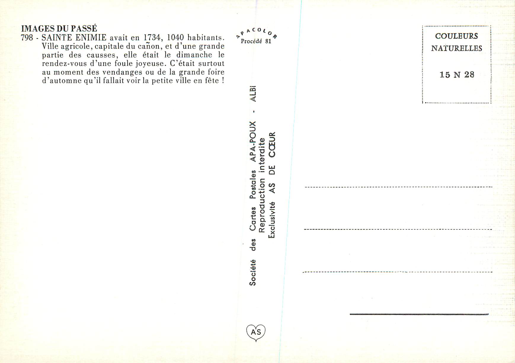 Sainte-Enimie en 1734 — scène de marché — Société des Cartes Postales APA-POUX — Rückseite