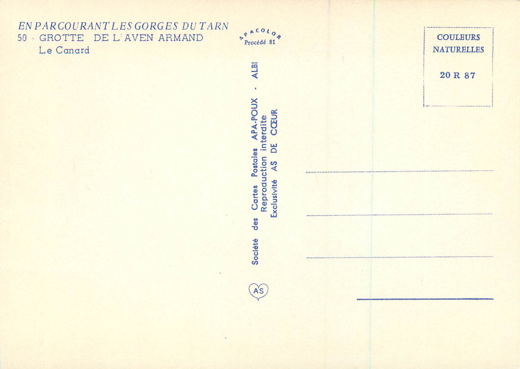 Grotte de l'Aven Armand — Le Canard — Société des Cartes Postales APA-POUX, Albi — Rückseite