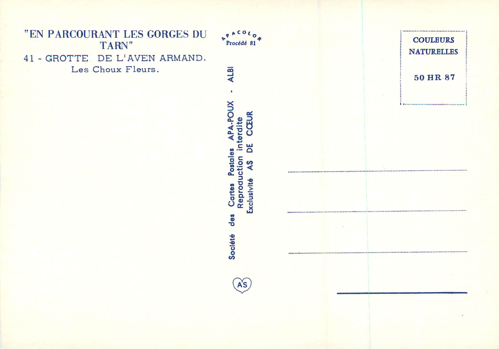 Grotte de l'Aven Armand — Les Choux Fleurs — Société des Cartes Postales APA-POUX — Rückseite