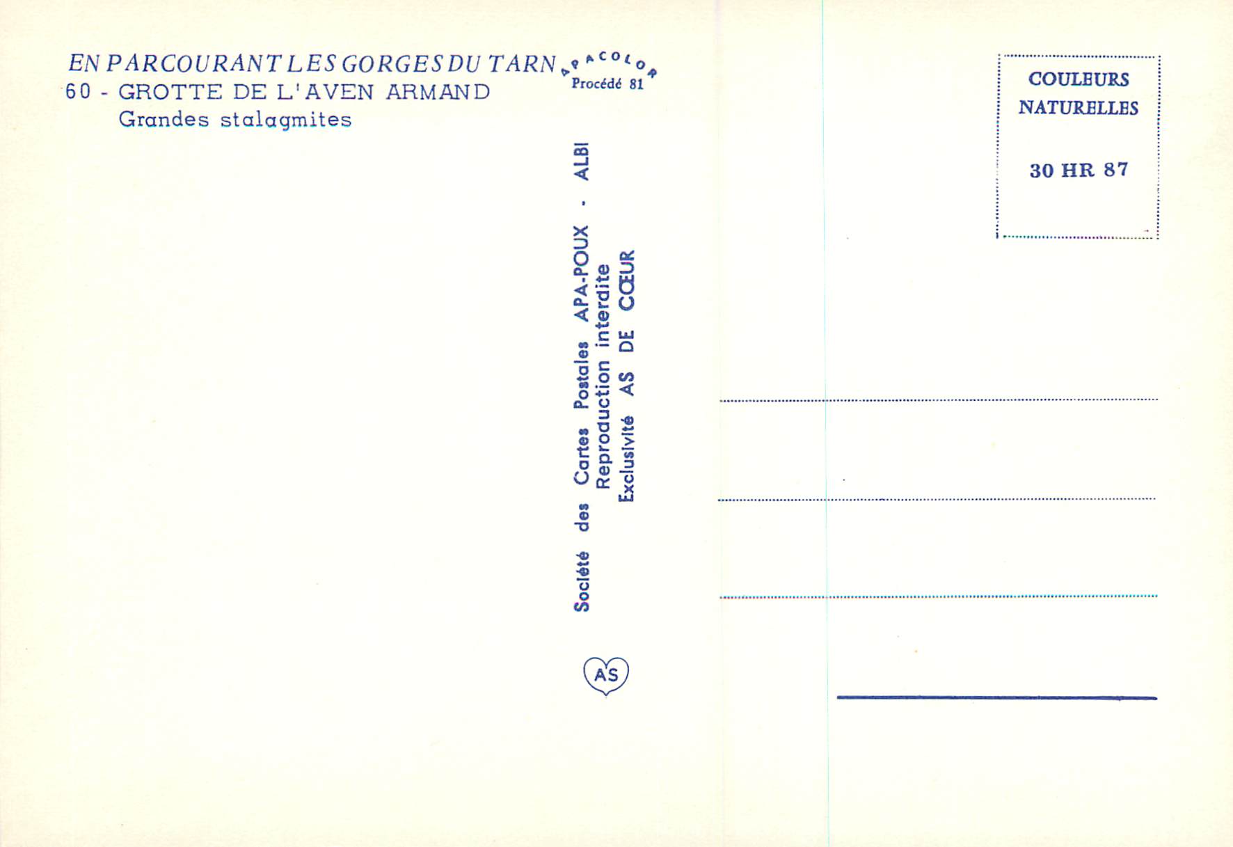 Grotte de l'Aven Armand — Grandes stalagmites — Société des Cartes Postales APA-POUX — Rückseite