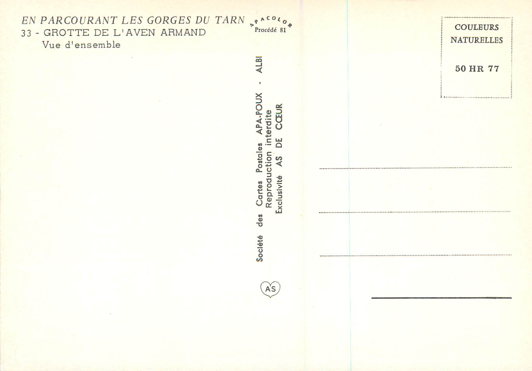 Grotte de l'Aven Armand — Gorges du Tarn — Société des Cartes Postales APA-POUX — Rückseite