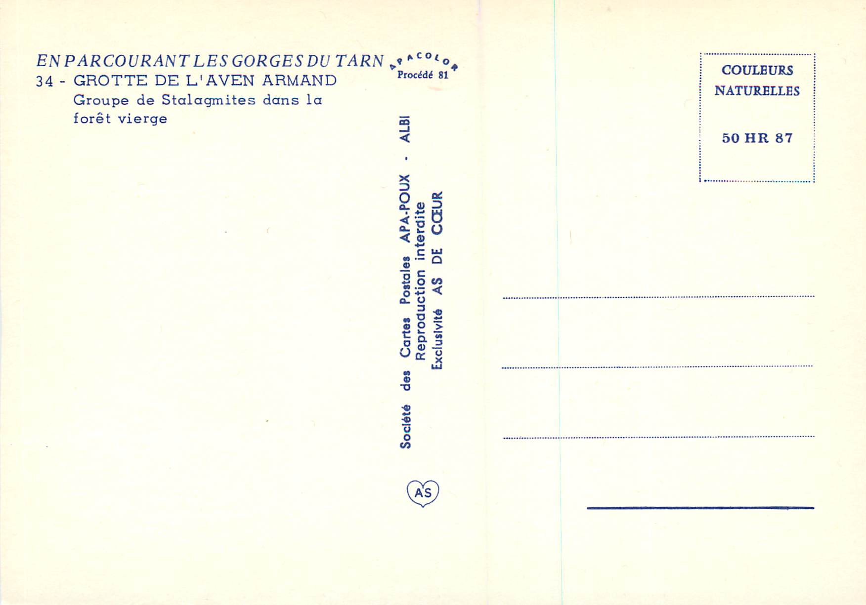 Grotte de l'Aven Armand — Gorges du Tarn — Société des Cartes Postales APA-POUX — Rückseite
