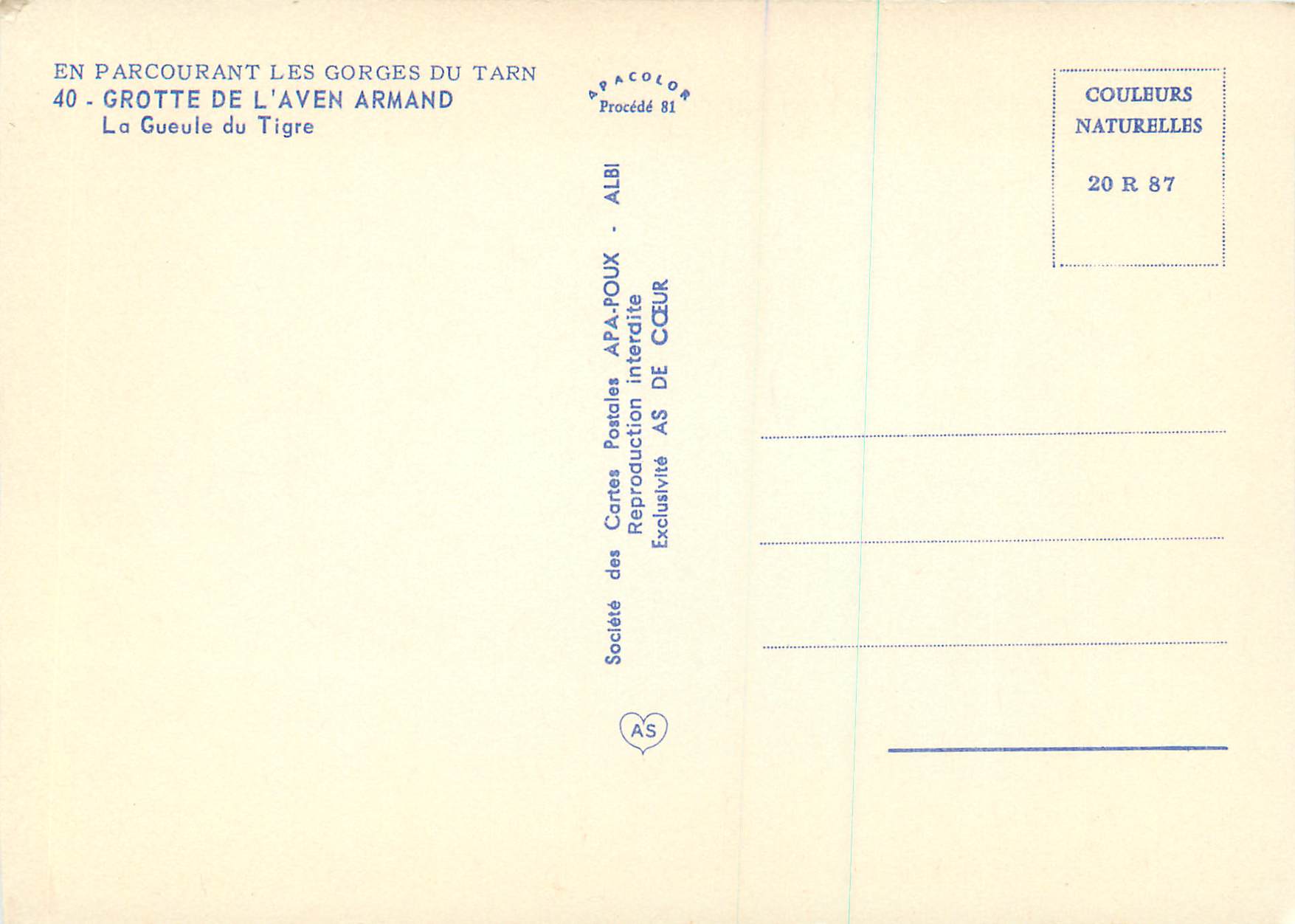 Grotte de l'Aven Armand — La Gueule du Tigre — Société des Cartes Postales APA-POUX — Rückseite