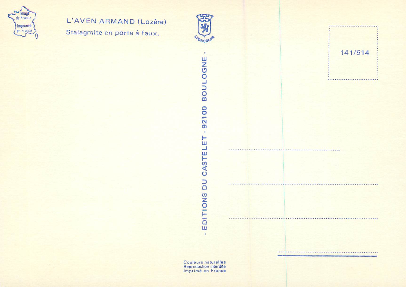 CPM L'Aven Armand (Lozere) Stalagmite en Porte a Faux — Verso