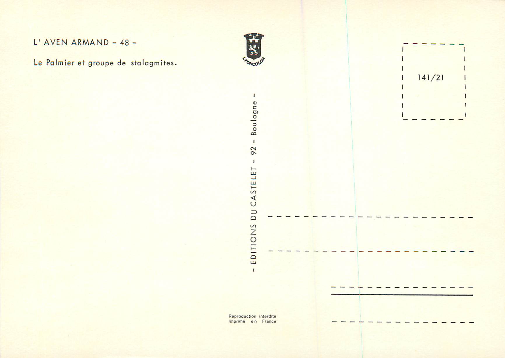 CPM L'Aven Armand Le Palmier et Groupe de Stalagmites — Verso