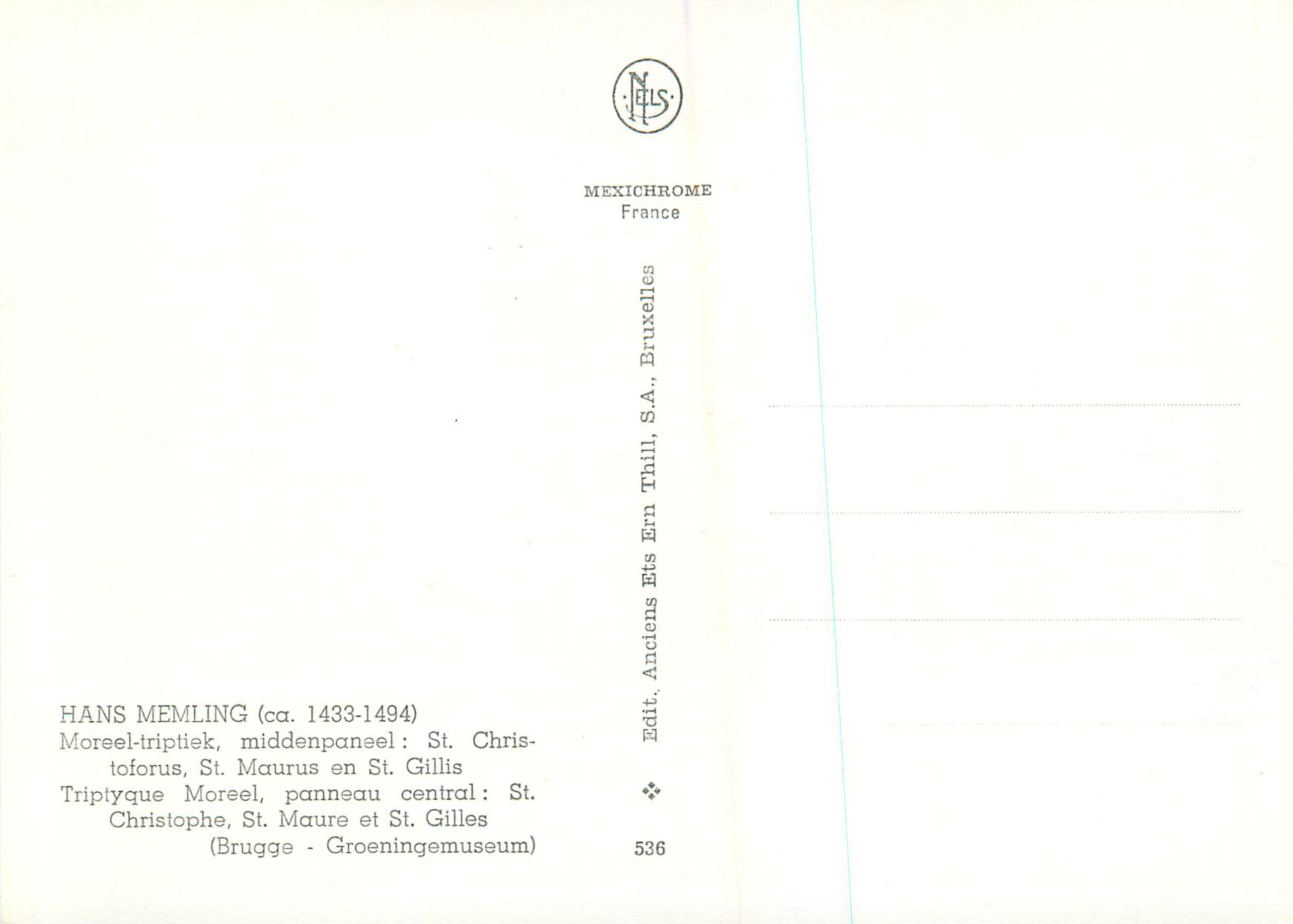 CPM Hans Memling (1433 1494) Triptyque Moreel Panneau Central Brugge — Back