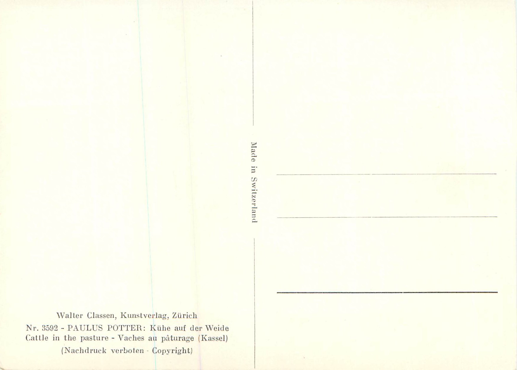 Paulus Potter — Vaches sur une prairie — Walter Classen, Kunstverlag, Zürich, n° 3592 — Verso