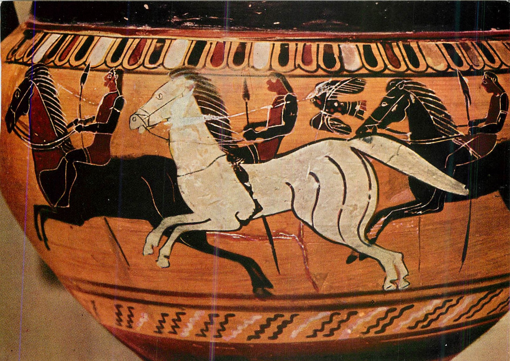 Corinthian Krater — Three Cavaliers with Lances and Two Birds — Publisher VERLAG A. EGGER, KÖLN, No. 1314