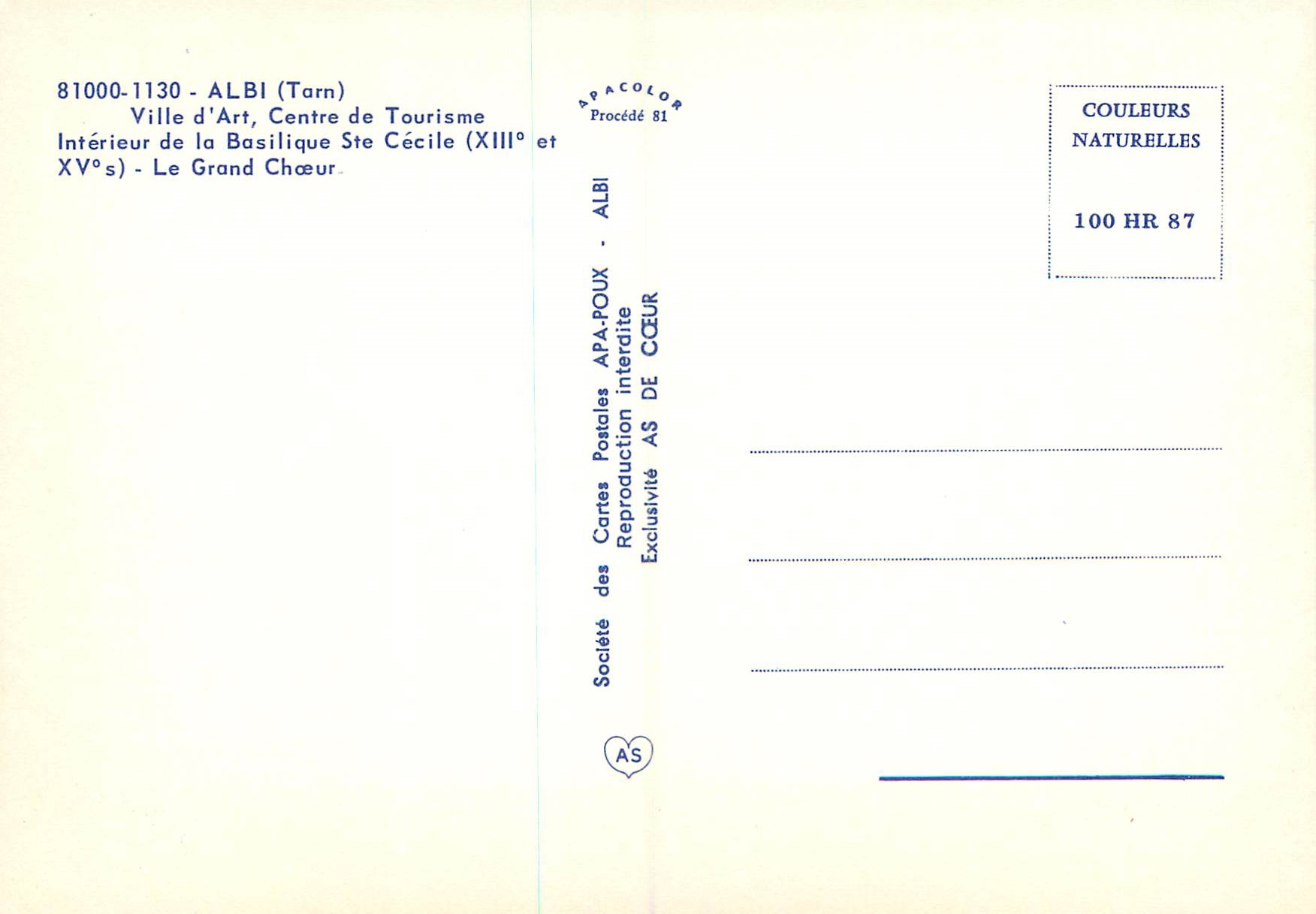 Intérieur de la Basilique Sainte-Cécile — Albi (Tarn) — Société des Cartes Postales APA-POUX — Reverso